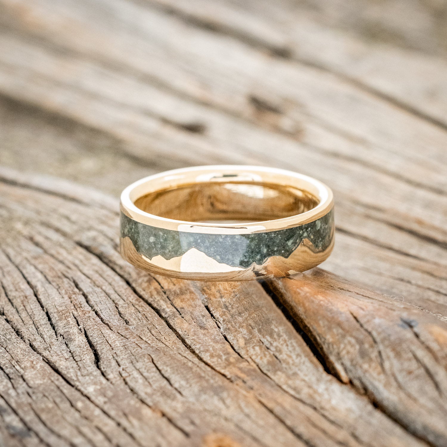 "HELIOS" - MATCHING SET OF CRUSHED MOSS AGATE MOUNTAIN RANGE WEDDING BANDS-4