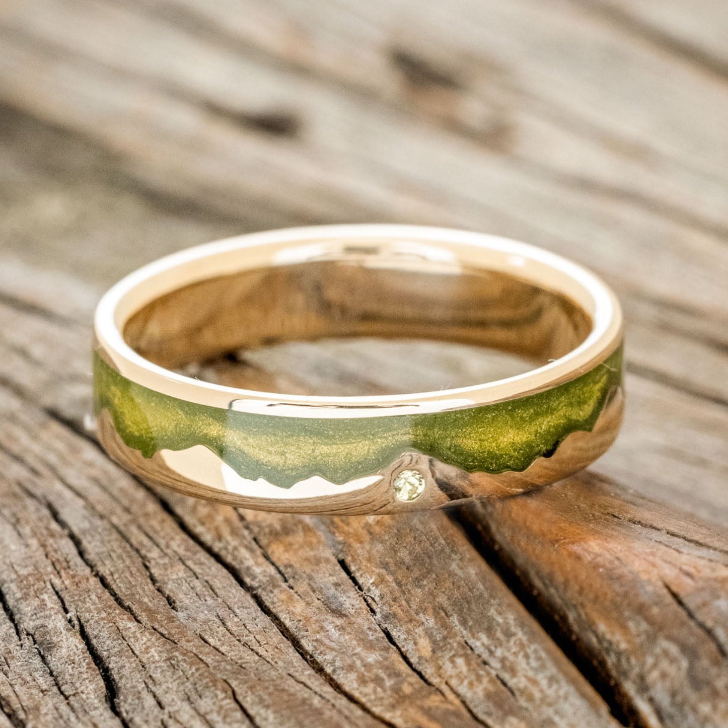 "HELIOS" - MYSTIC MOSS MOUNTAIN RANGE WEDDING RING FEATURING A PERIDOT ACCENT-3