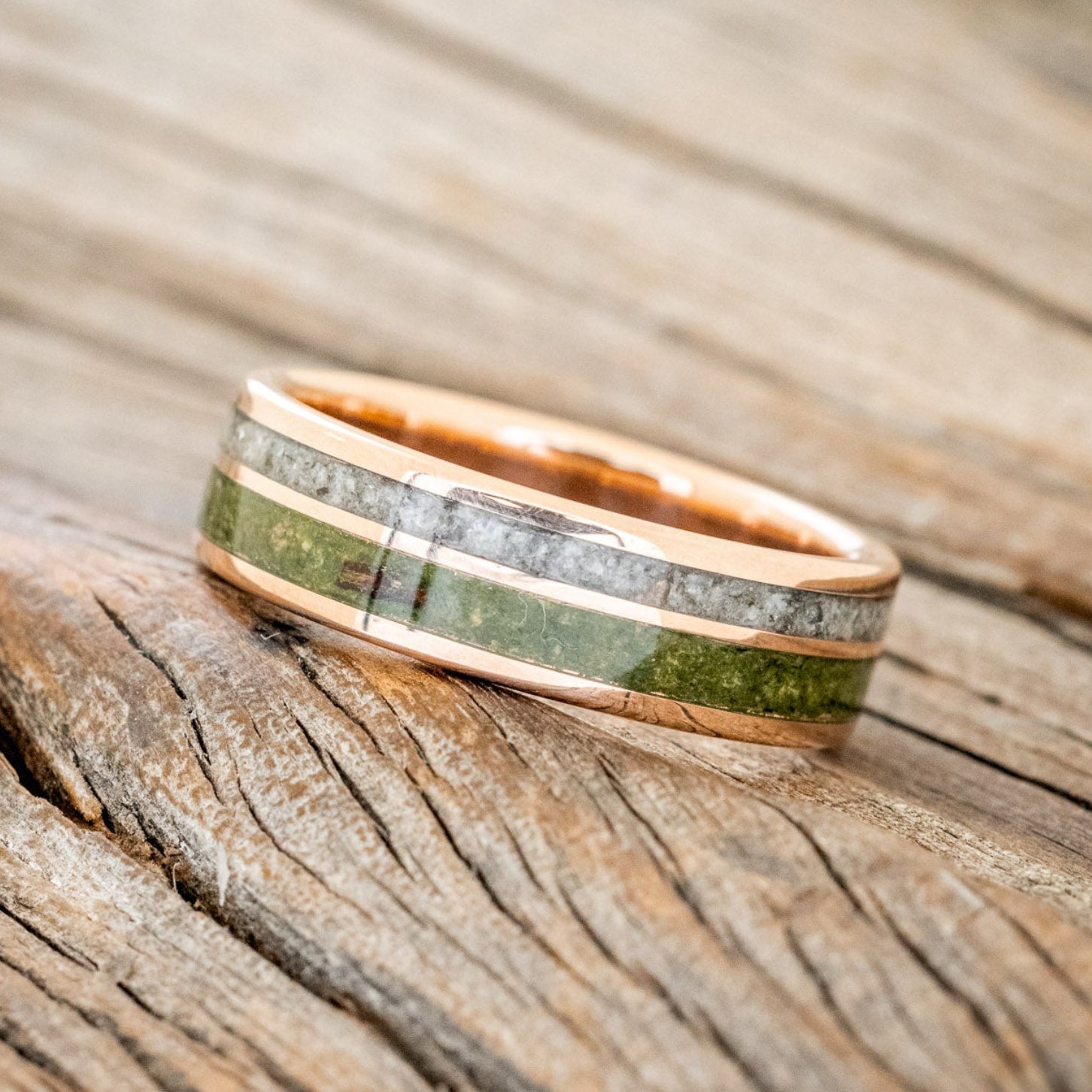 "RAPTOR" - MOSS WITH MOLDAVITE & MOONSTONE MIX WEDDING BAND-14