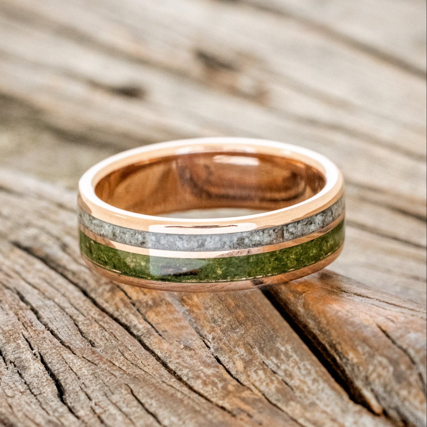 "RAPTOR" - MOSS WITH MOLDAVITE & MOONSTONE MIX WEDDING BAND-15