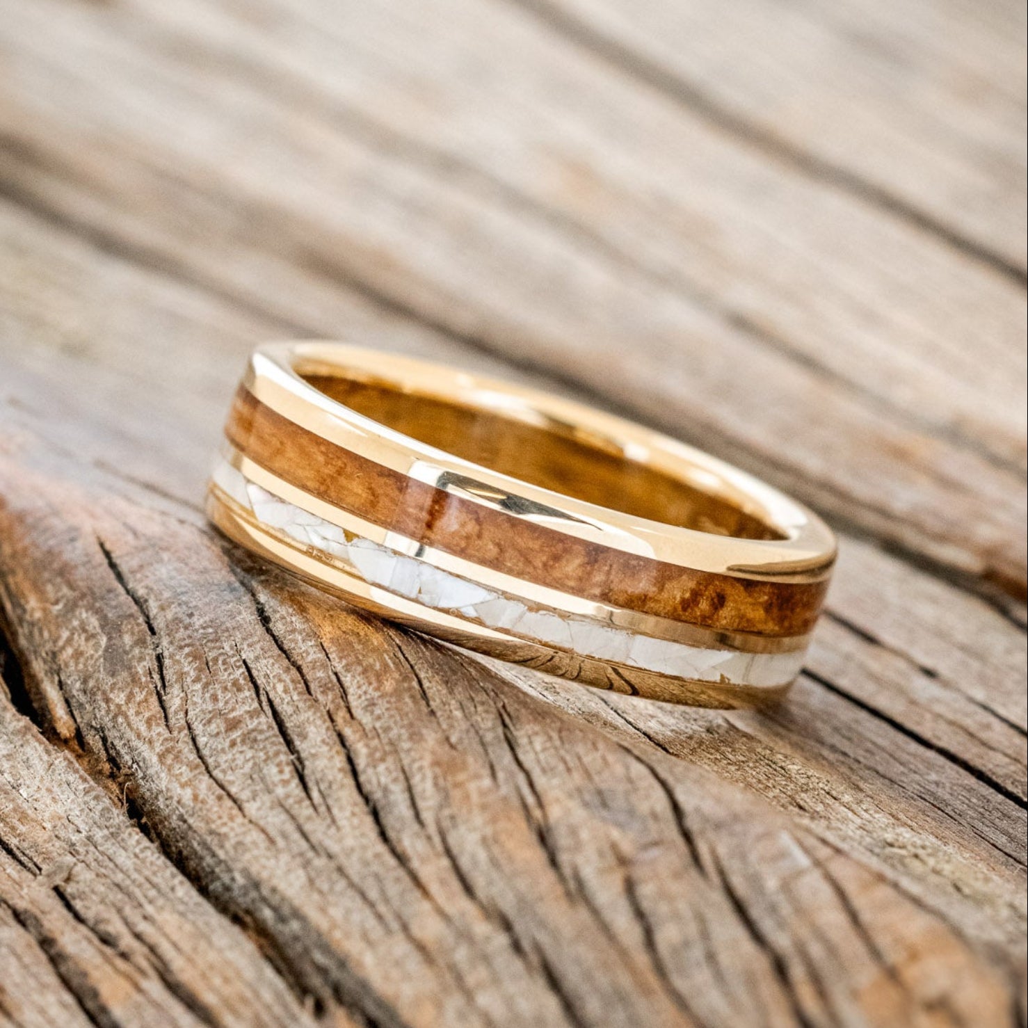 "RAPTOR" - MOTHER OF PEARL & WHISKEY BARREL OAK WEDDING BAND-5