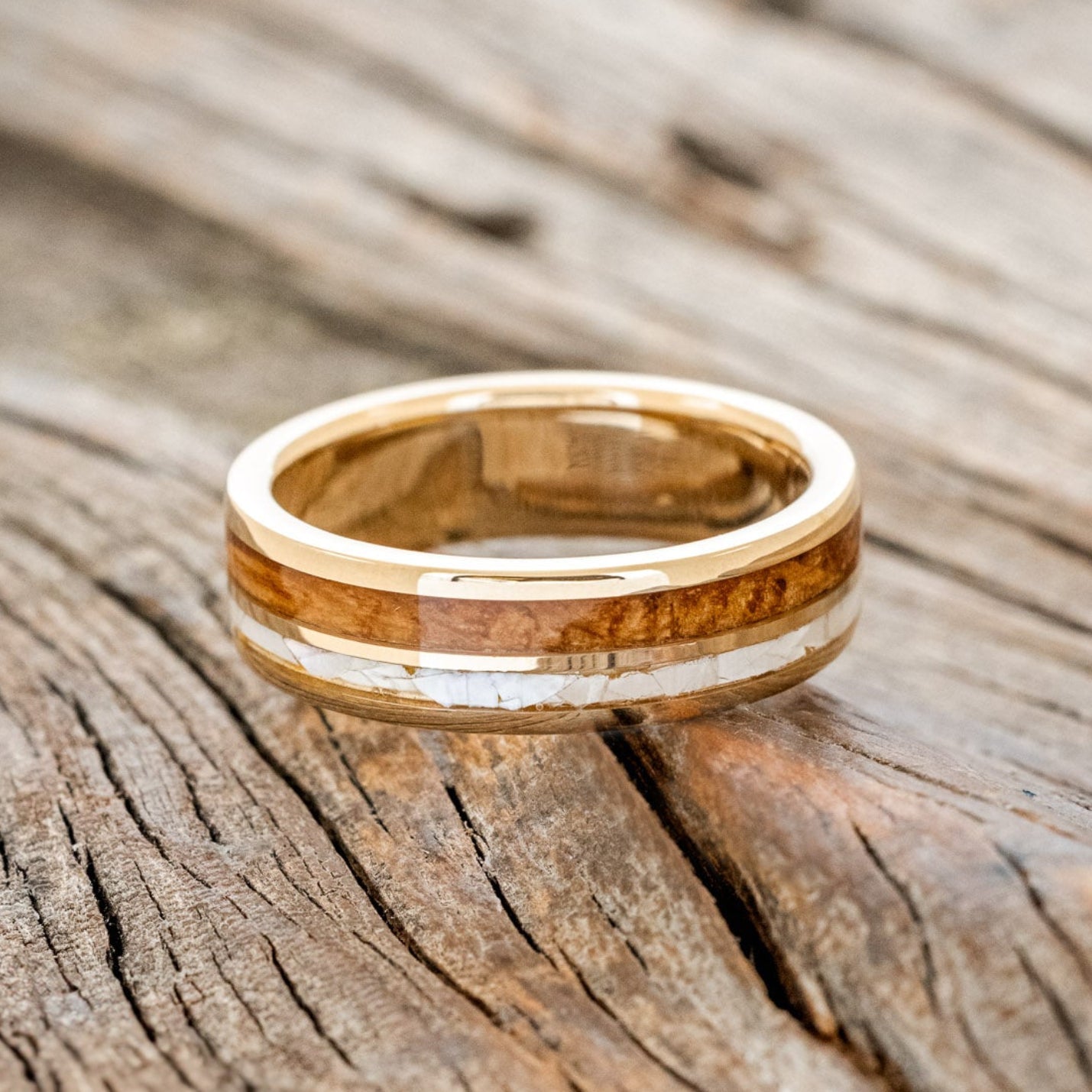 "RAPTOR" - MOTHER OF PEARL & WHISKEY BARREL OAK WEDDING BAND-6