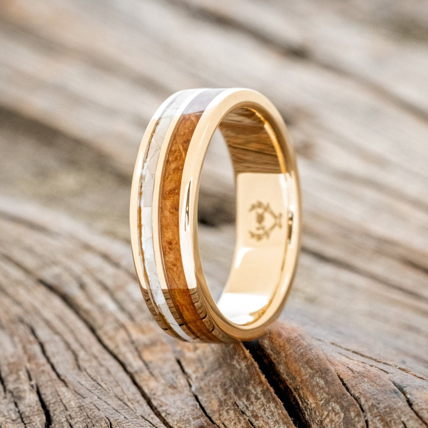 "RAPTOR" - MOTHER OF PEARL & WHISKEY BARREL OAK WEDDING BAND-4