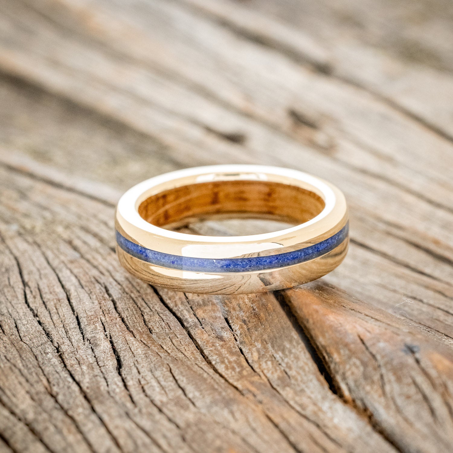 "VERTIGO" - LAPIS LAZULI WEDDING RING FEATURING A WHISKEY BARREL LINED BAND-3