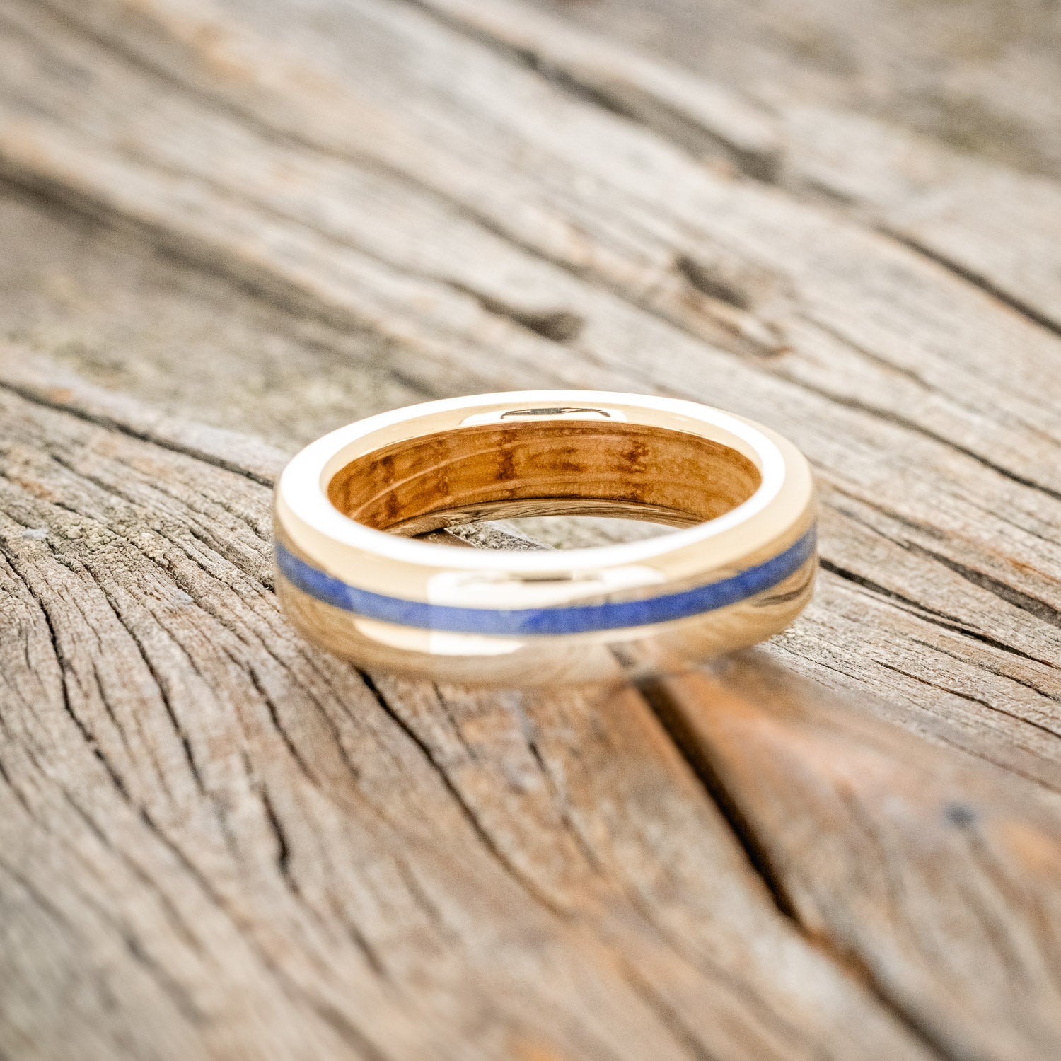 "VERTIGO" - LAPIS LAZULI WEDDING RING FEATURING A WHISKEY BARREL LINED BAND-6