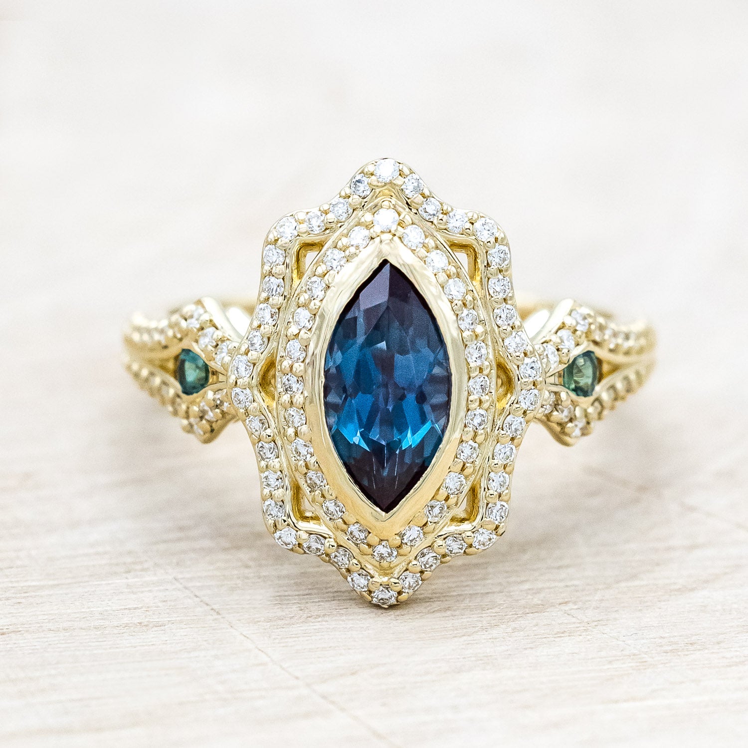 "ADELE" - MARQUISE CUT LAB-GROWN ALEXANDRITE ENGAGEMENT RING WITH LAB-GROWN ALEXANDRITE ACCENTS, DIAMOND HALO & TRACER-Staghead Designs