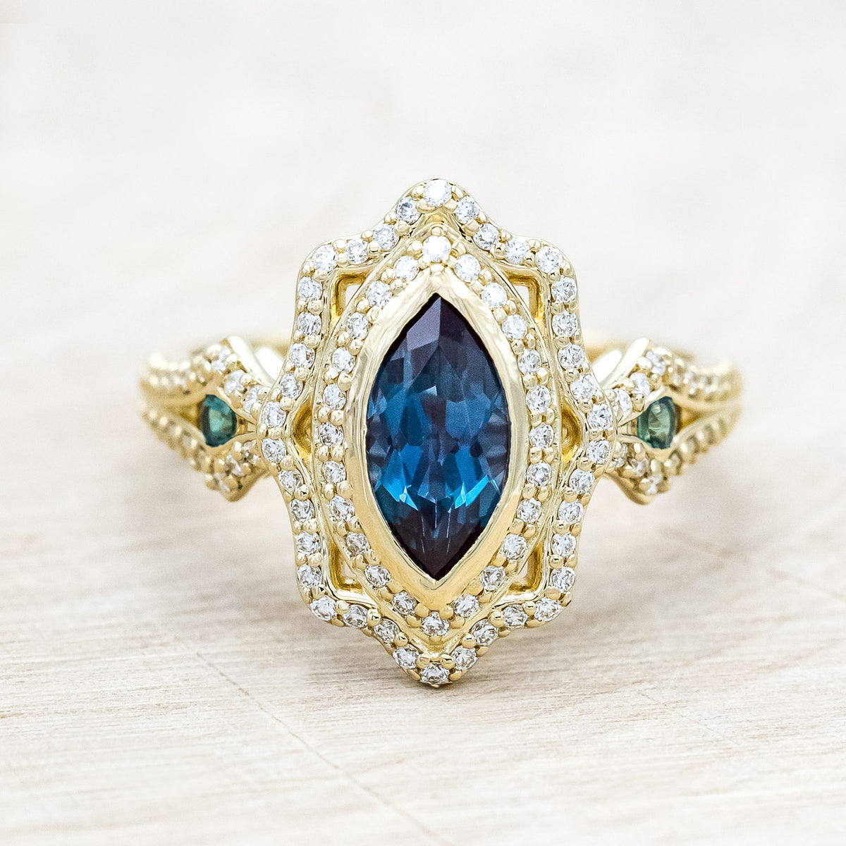 "ADELE" - MARQUISE CUT LAB-GROWN ALEXANDRITE ENGAGEMENT RING WITH LAB-GROWN ALEXANDRITE ACCENTS, DIAMOND HALO & TRACER-Staghead Designs
