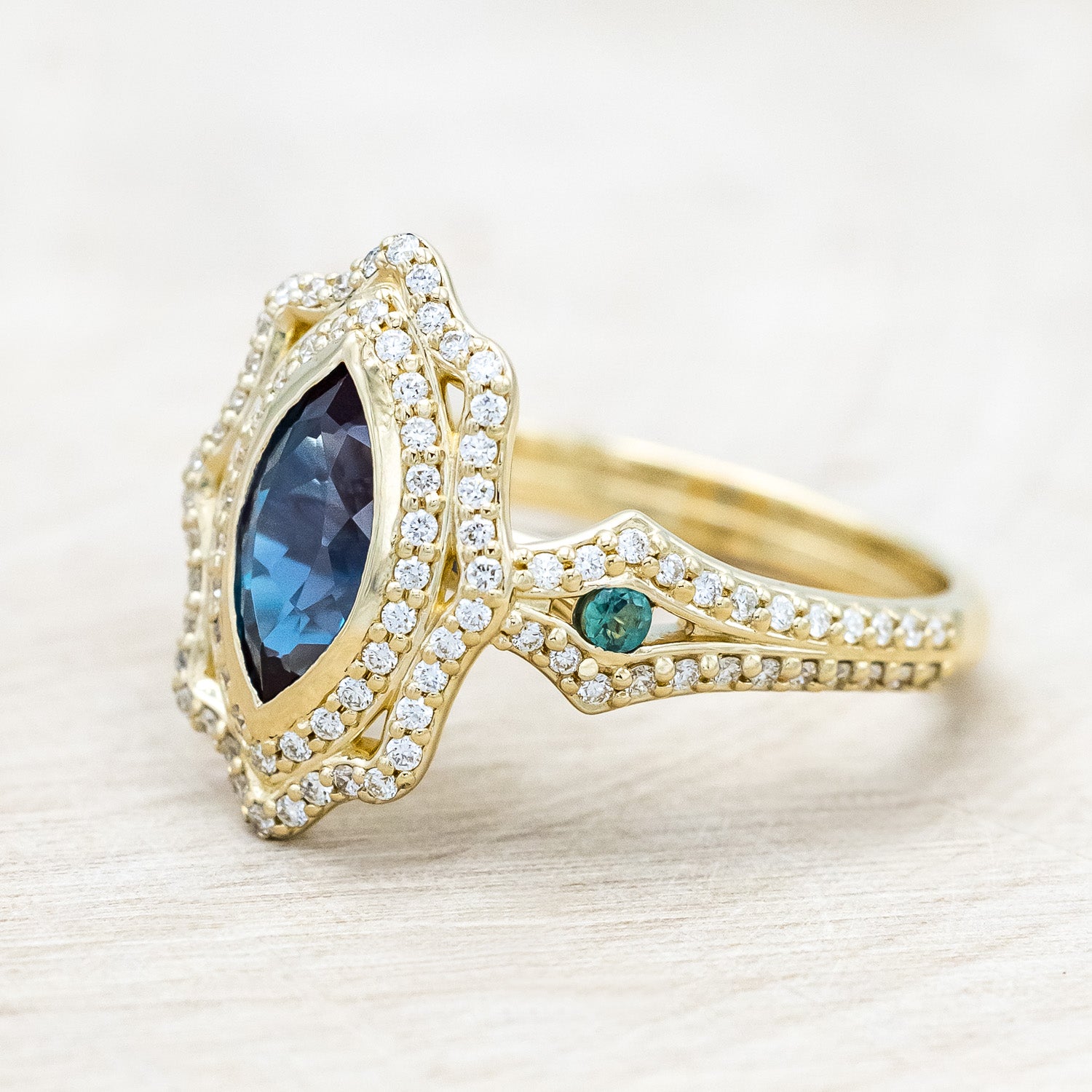 "ADELE" - MARQUISE CUT LAB-GROWN ALEXANDRITE ENGAGEMENT RING WITH LAB-GROWN ALEXANDRITE ACCENTS, DIAMOND HALO & TRACER-Staghead Designs