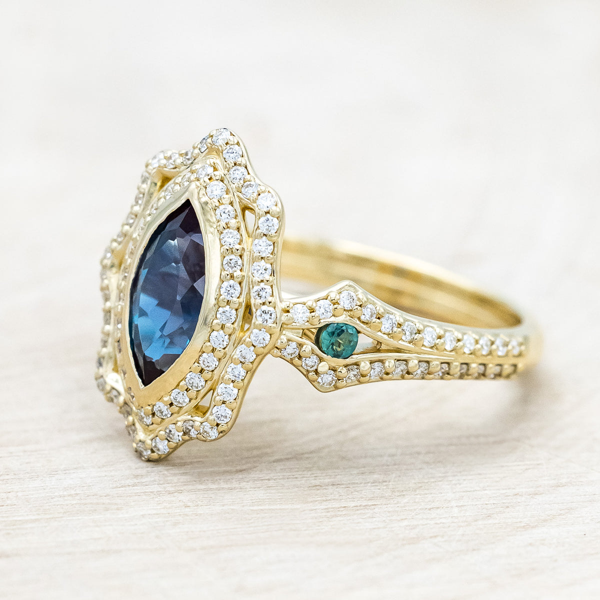 "ADELE" - MARQUISE CUT LAB-GROWN ALEXANDRITE ENGAGEMENT RING WITH LAB-GROWN ALEXANDRITE ACCENTS, DIAMOND HALO & TRACER-Staghead Designs