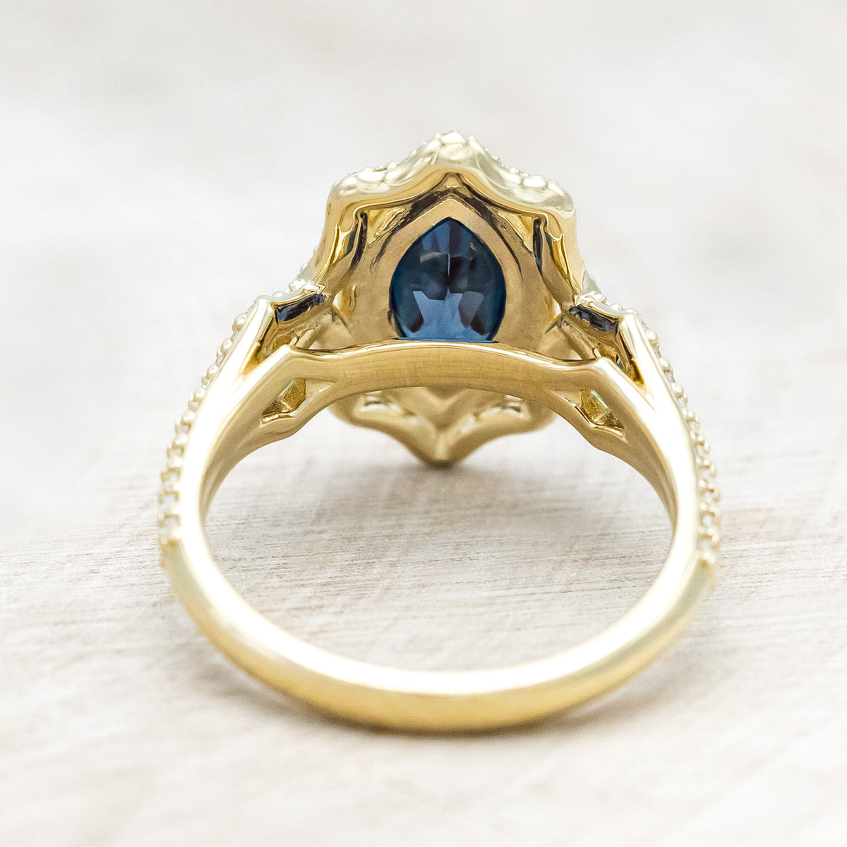 "ADELE" - MARQUISE CUT LAB-GROWN ALEXANDRITE ENGAGEMENT RING WITH LAB-GROWN ALEXANDRITE ACCENTS, DIAMOND HALO & TRACER-Staghead Designs