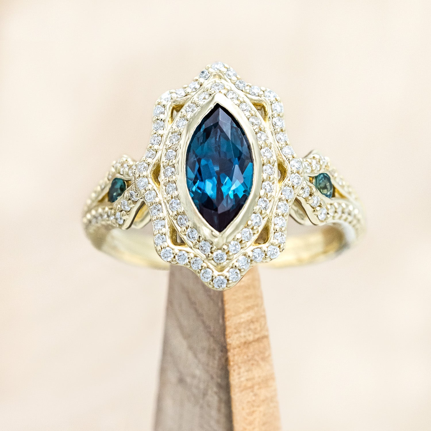 "ADELE" - MARQUISE CUT LAB-GROWN ALEXANDRITE ENGAGEMENT RING WITH LAB-GROWN ALEXANDRITE ACCENTS, DIAMOND HALO & TRACER-Staghead Designs