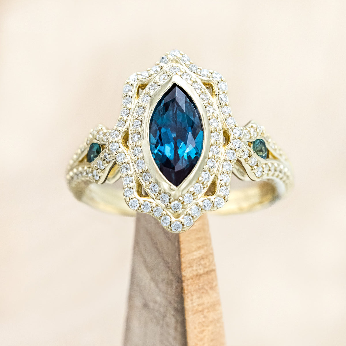 "ADELE" - MARQUISE CUT LAB-GROWN ALEXANDRITE ENGAGEMENT RING WITH LAB-GROWN ALEXANDRITE ACCENTS, DIAMOND HALO & TRACER-Staghead Designs