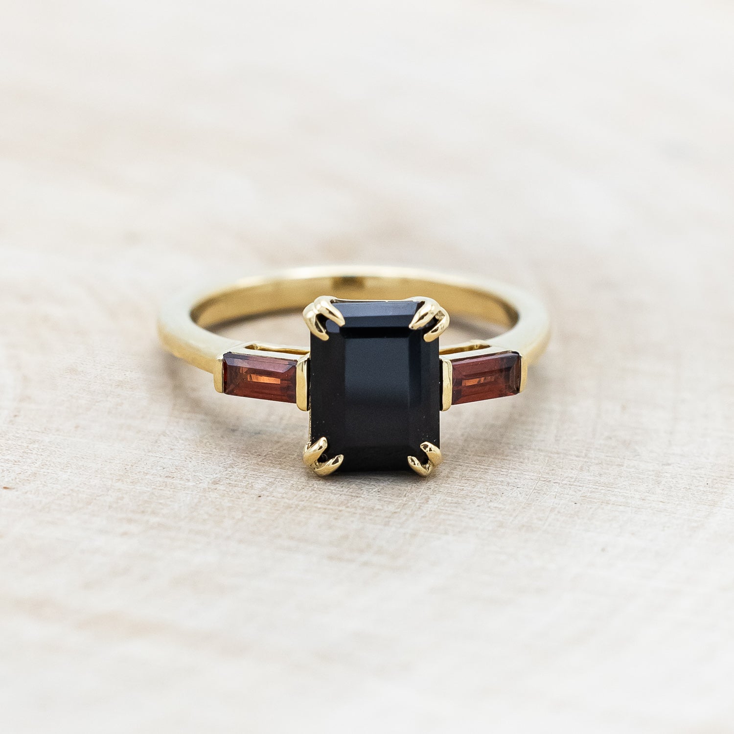 "ALBINA" - EMERALD CUT BLACK ONYX DOUBLE CLAW PRONG ENGAGEMENT RING WITH MOZAMBIQUE GARNET ACCENTS-Staghead Designs