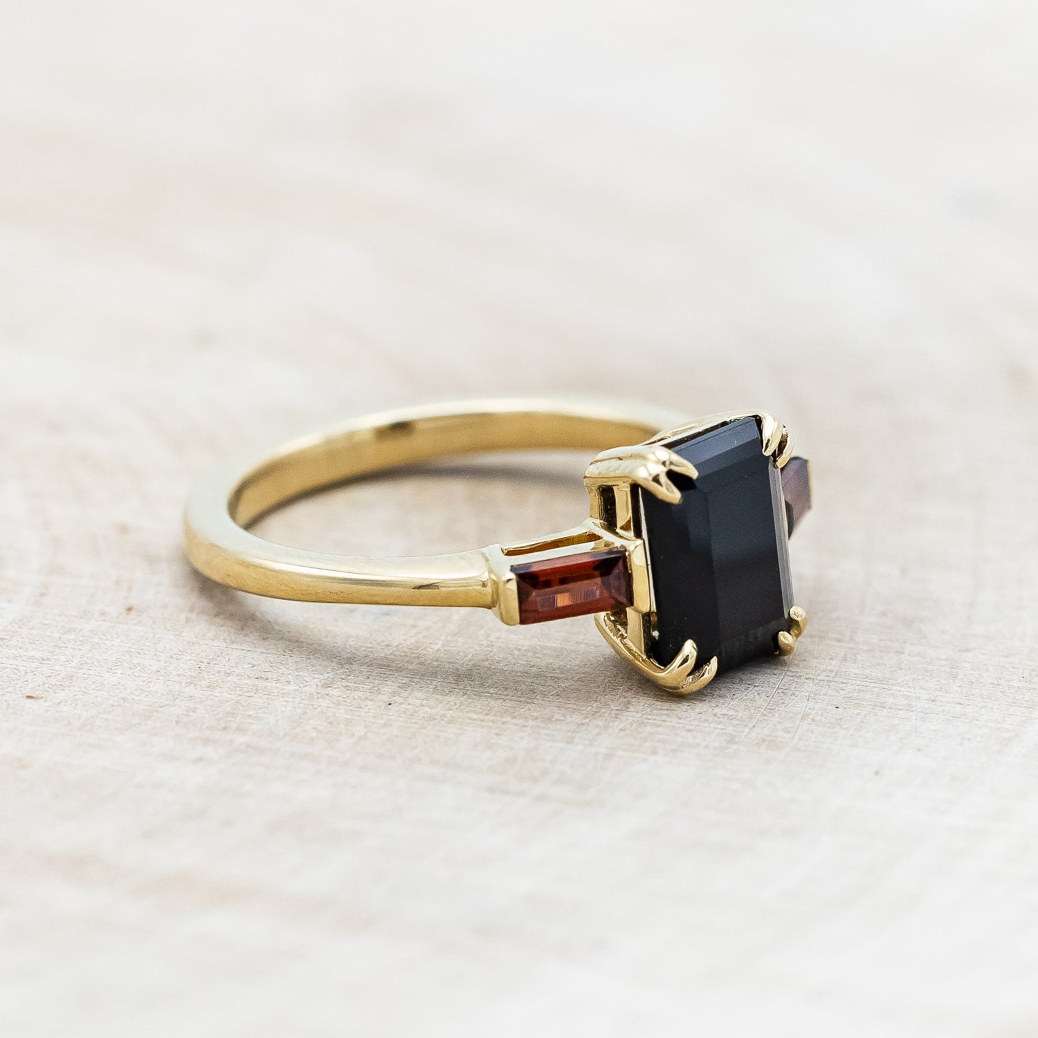 "ALBINA" - EMERALD CUT BLACK ONYX DOUBLE CLAW PRONG ENGAGEMENT RING WITH MOZAMBIQUE GARNET ACCENTS-Staghead Designs