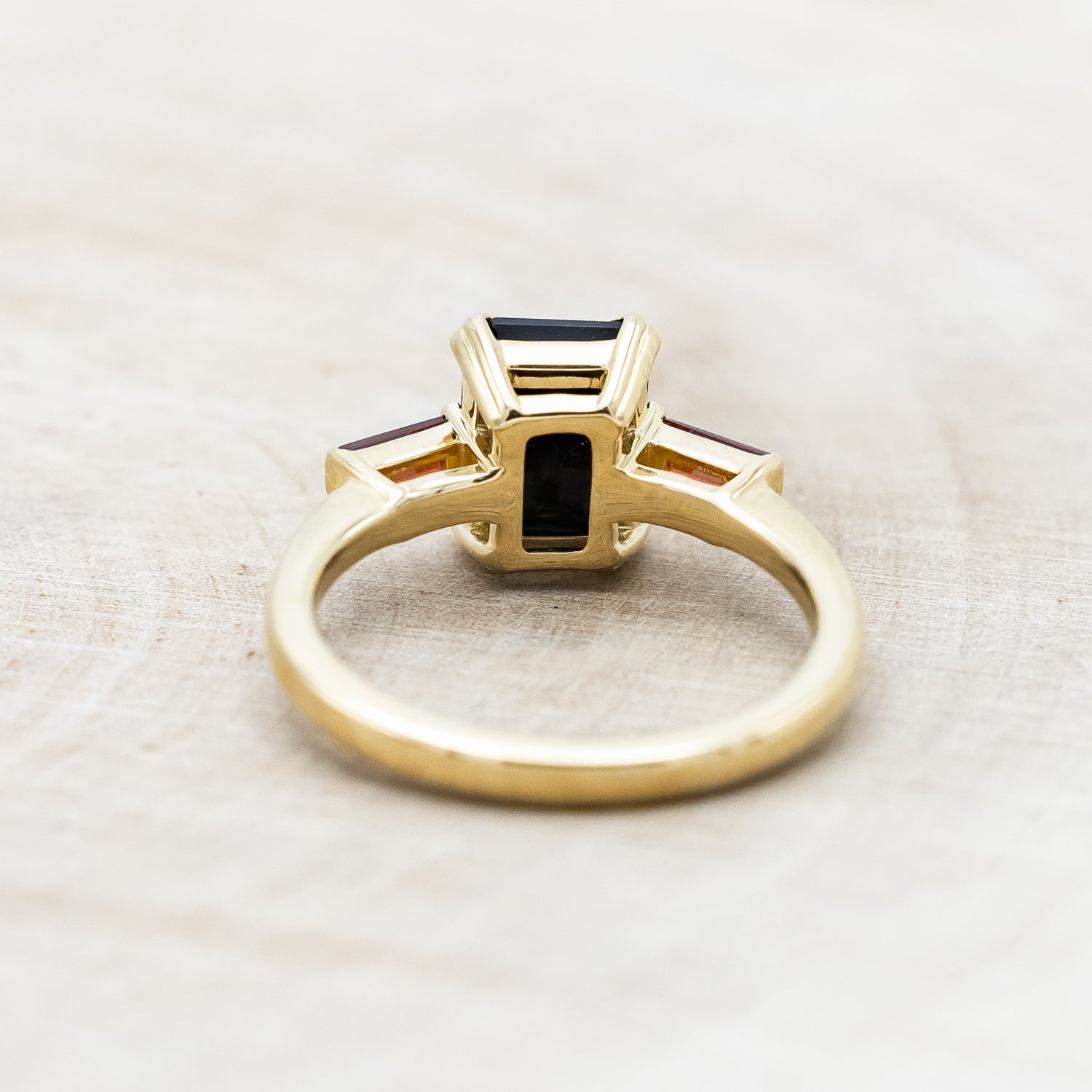 "ALBINA" - EMERALD CUT BLACK ONYX DOUBLE CLAW PRONG ENGAGEMENT RING WITH MOZAMBIQUE GARNET ACCENTS-Staghead Designs