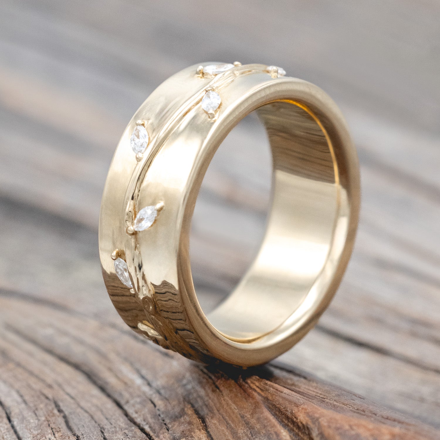 "Alwin" - men's wedding ring with embossed vines wrapping around the band & diamond accents in 14K gold