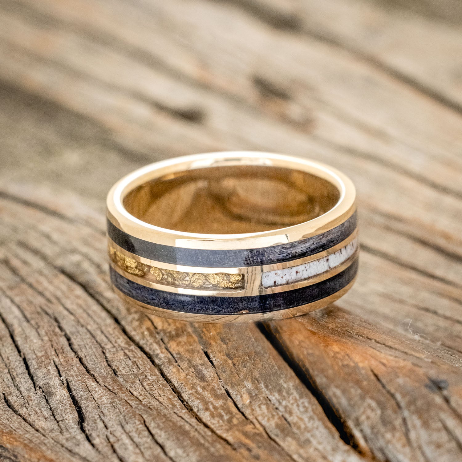 "AMBROSE" - DARK MAPLE WOOD, ANTLER & GOLD NUGGETS WEDDING BAND-3