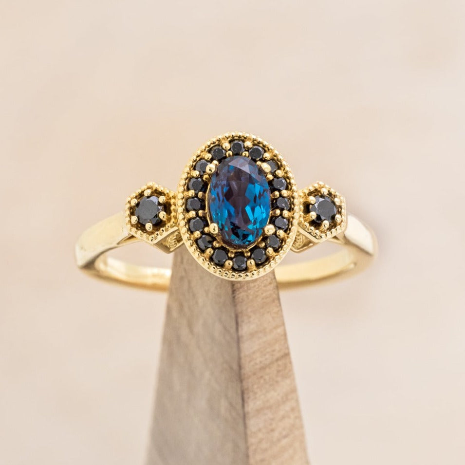 "AMELIA" - OVAL LAB-GROWN ALEXANDRITE ENGAGEMENT RING WITH BLACK DIAMOND HALO & ACCENTS-7