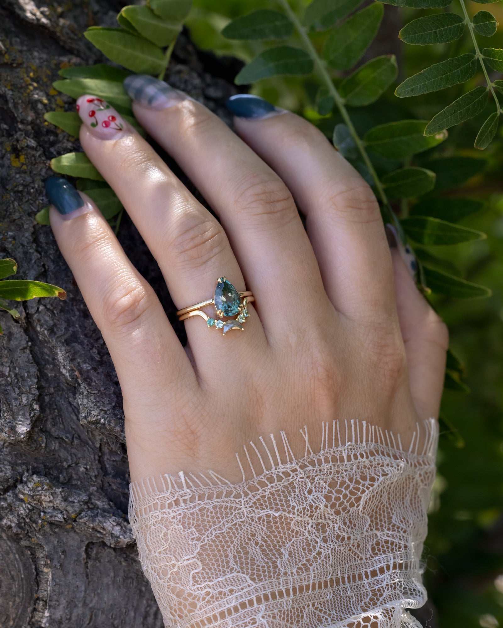 One-Of-A-Kind - "Andromeda" - Solitaire Pear Cut Montana Sapphire Engagement Ring With Tourmaline and Salt & Pepper Diamond Tracer-Staghead Designs