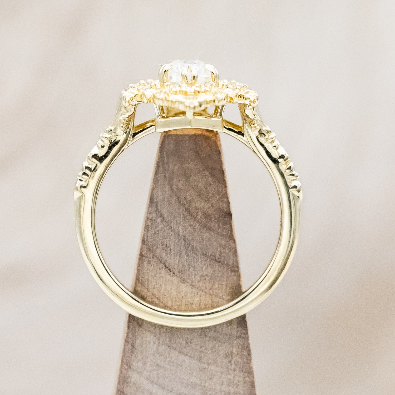Side view of "Cherie" - rococo-inspired Moissanite women's engagement ring with diamond accents