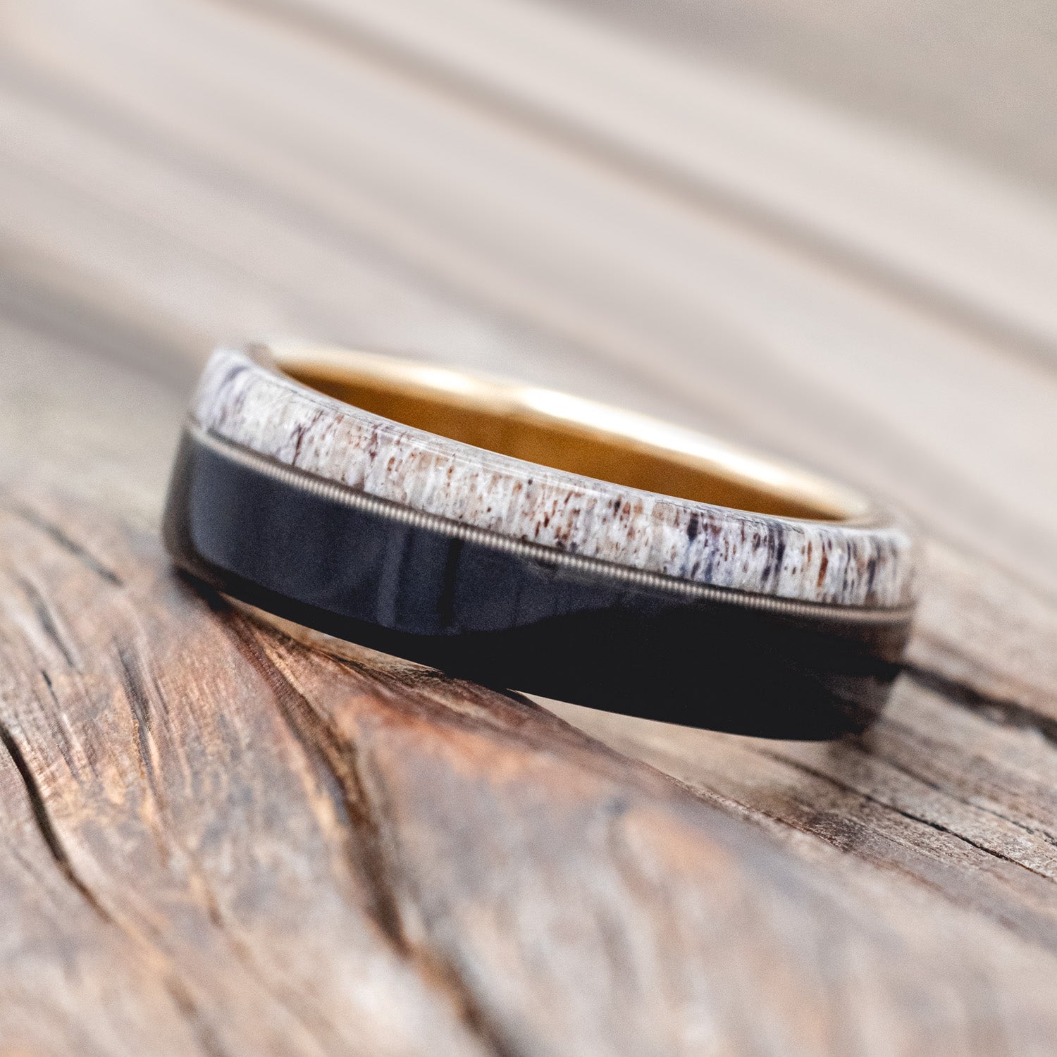 "ARGOS" - ANTLER, GUITAR STRING & IRONWOOD WEDDING BAND-Staghead Designs