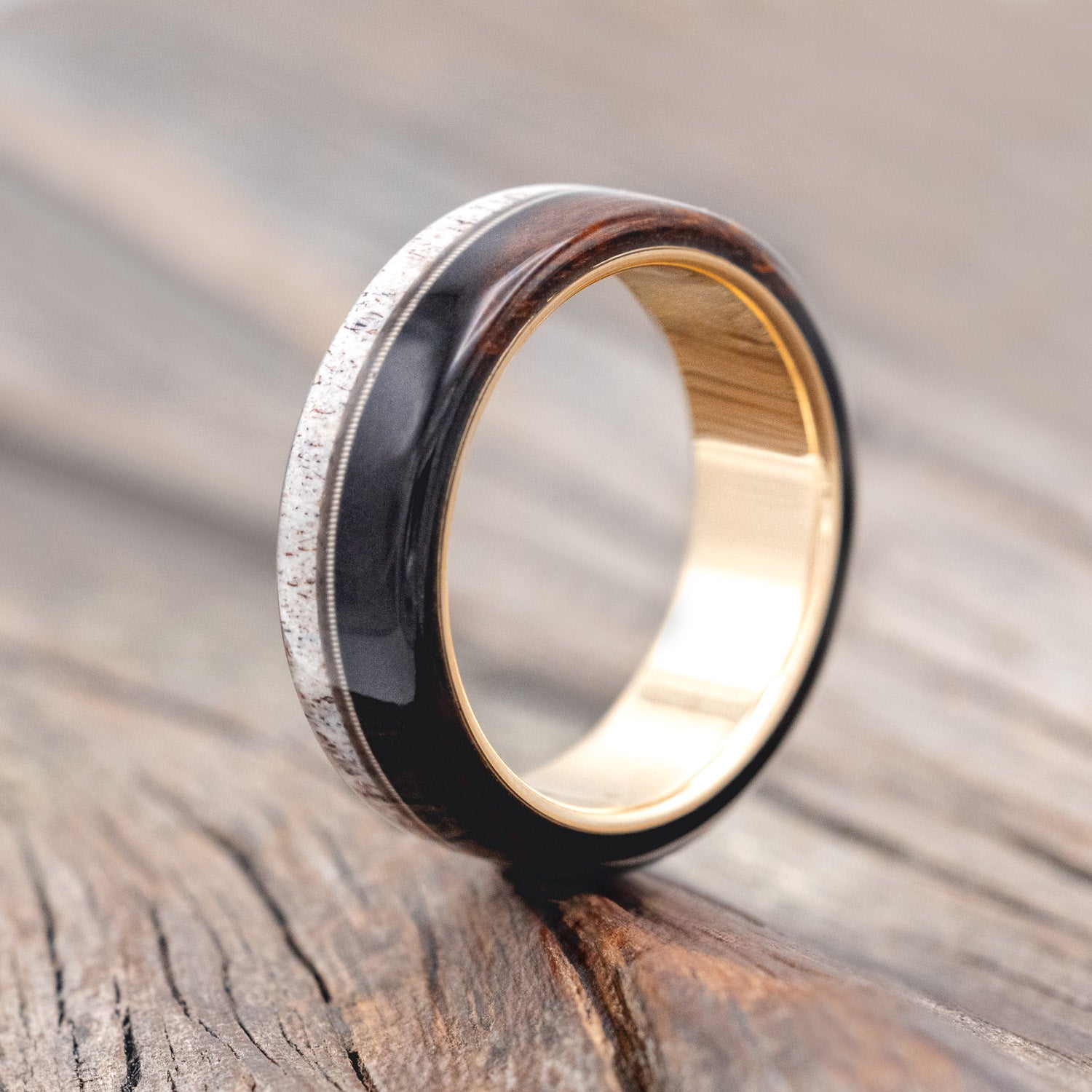 "ARGOS" - ANTLER, GUITAR STRING & IRONWOOD WEDDING BAND-Staghead Designs