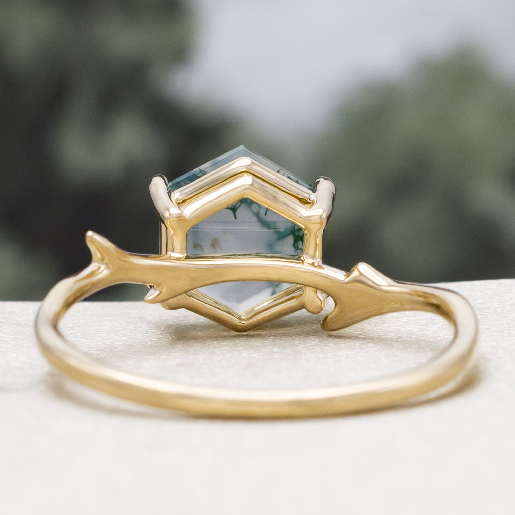 "ARTEMIS" - HEXAGON CUT MOSS AGATE ENGAGEMENT RING WITH AN ANTLER-STYLE STACKING BAND-Staghead Designs