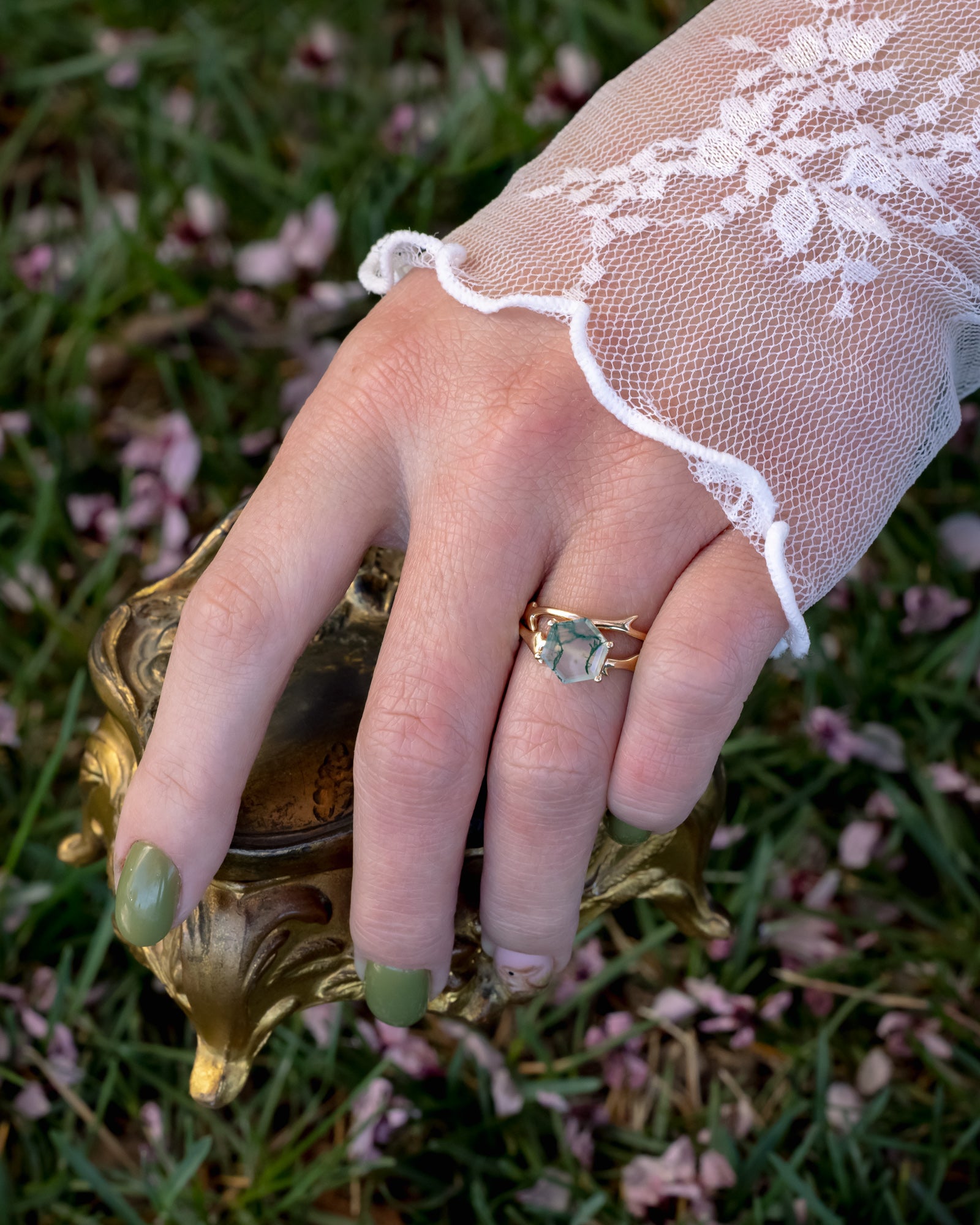 "ARTEMIS" - HEXAGON CUT MOSS AGATE ENGAGEMENT RING WITH AN ANTLER-STYLE STACKING BAND-Staghead Designs