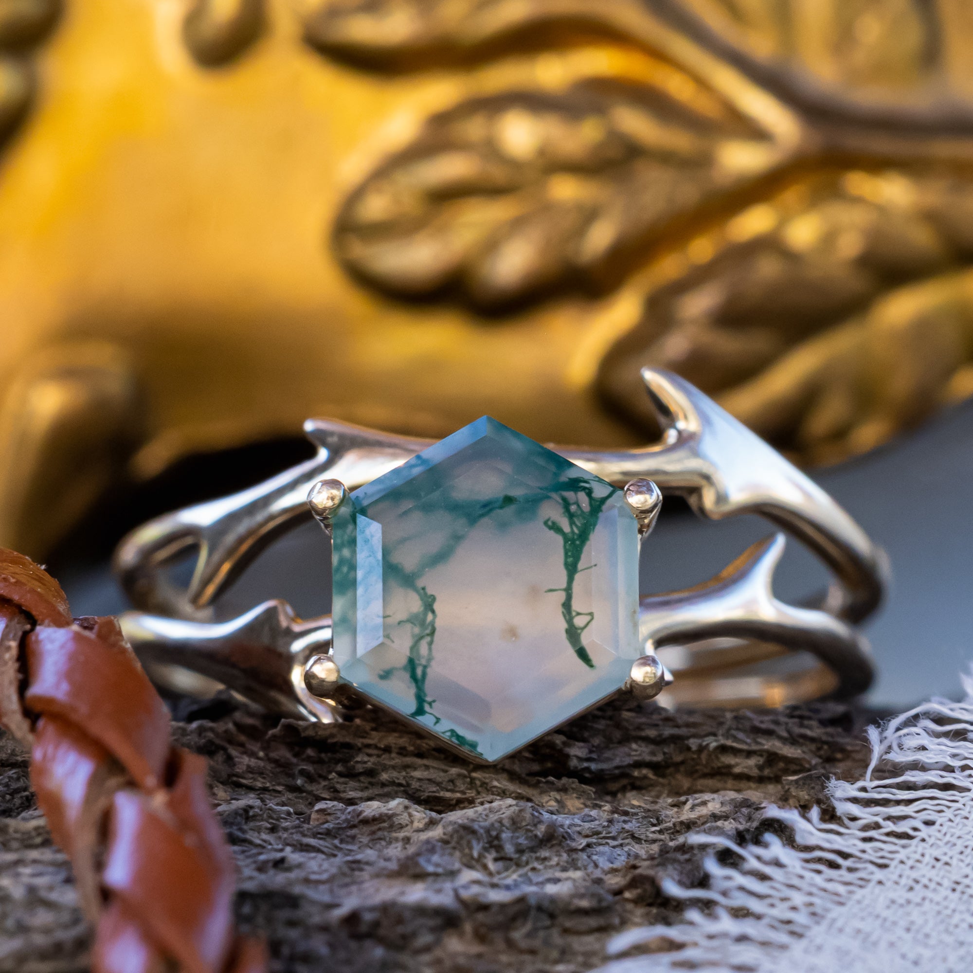 "ARTEMIS" - HEXAGON CUT MOSS AGATE ENGAGEMENT RING WITH AN ANTLER-STYLE STACKING BAND-Staghead Designs