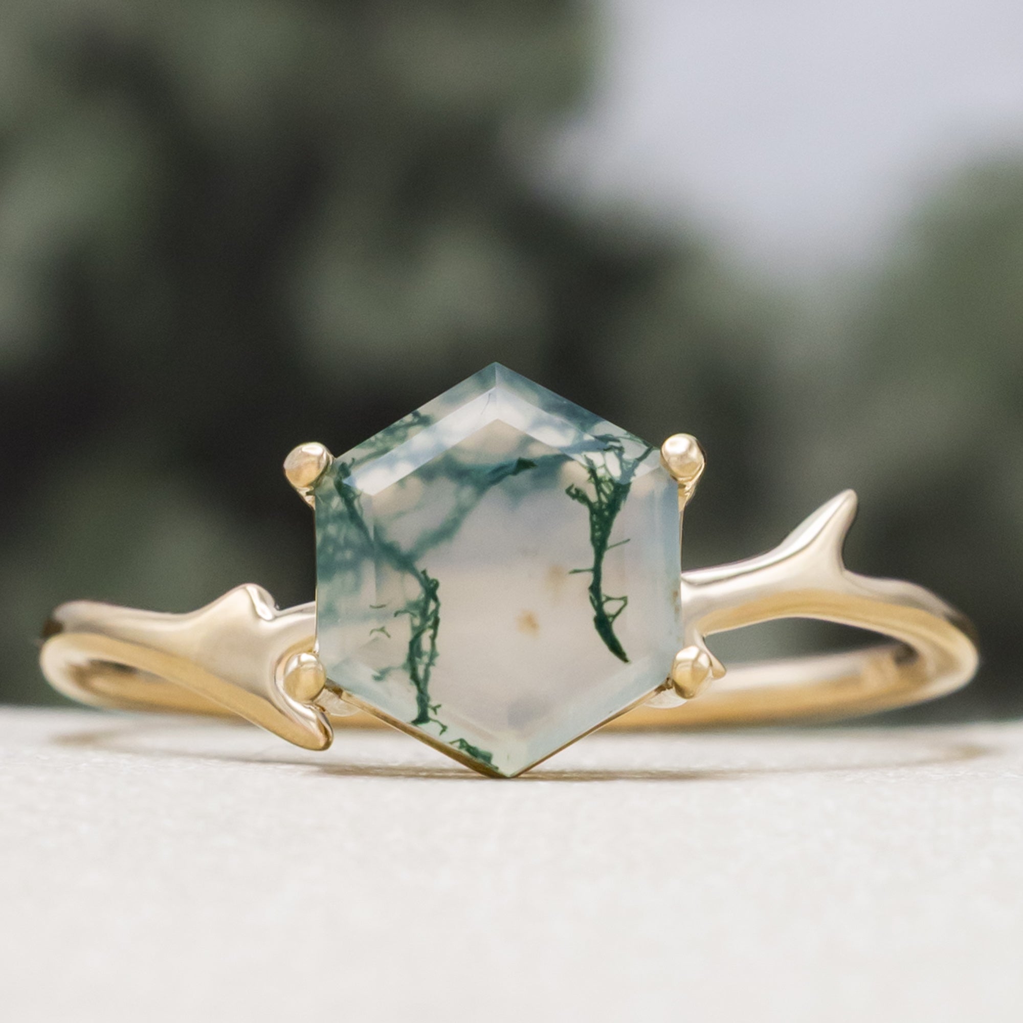 "ARTEMIS" - HEXAGON CUT MOSS AGATE ENGAGEMENT RING WITH AN ANTLER-STYLE STACKING BAND-Staghead Designs