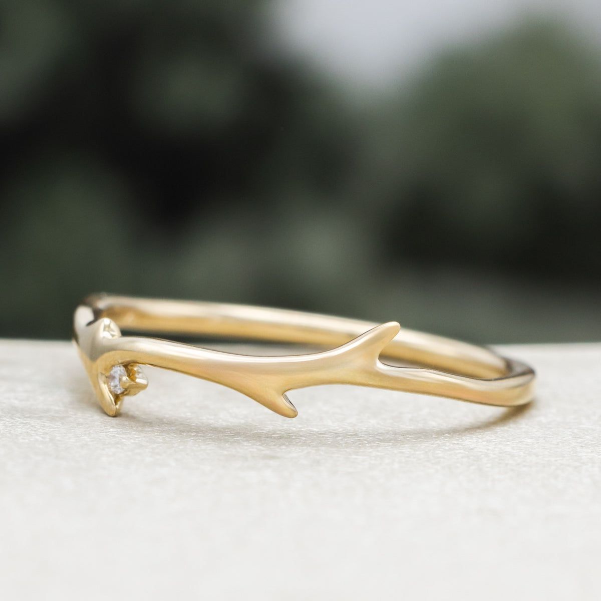 "Artemis" Stacker - 14K Gold Antler-Style Stacking Band With A Single Diamond Accent-Staghead Designs