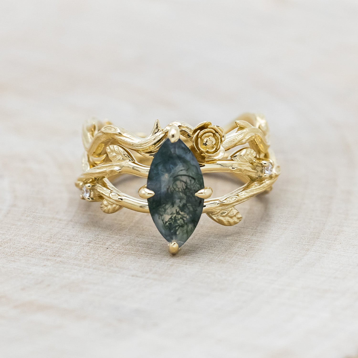 "ARTEMIS ON THE VINE" - MARQUISE CUT MOSS AGATE ENGAGEMENT RING WITH DIAMOND ACCENTS & "BRIAR" BRANCH-STYLE TRACER-Staghead Designs