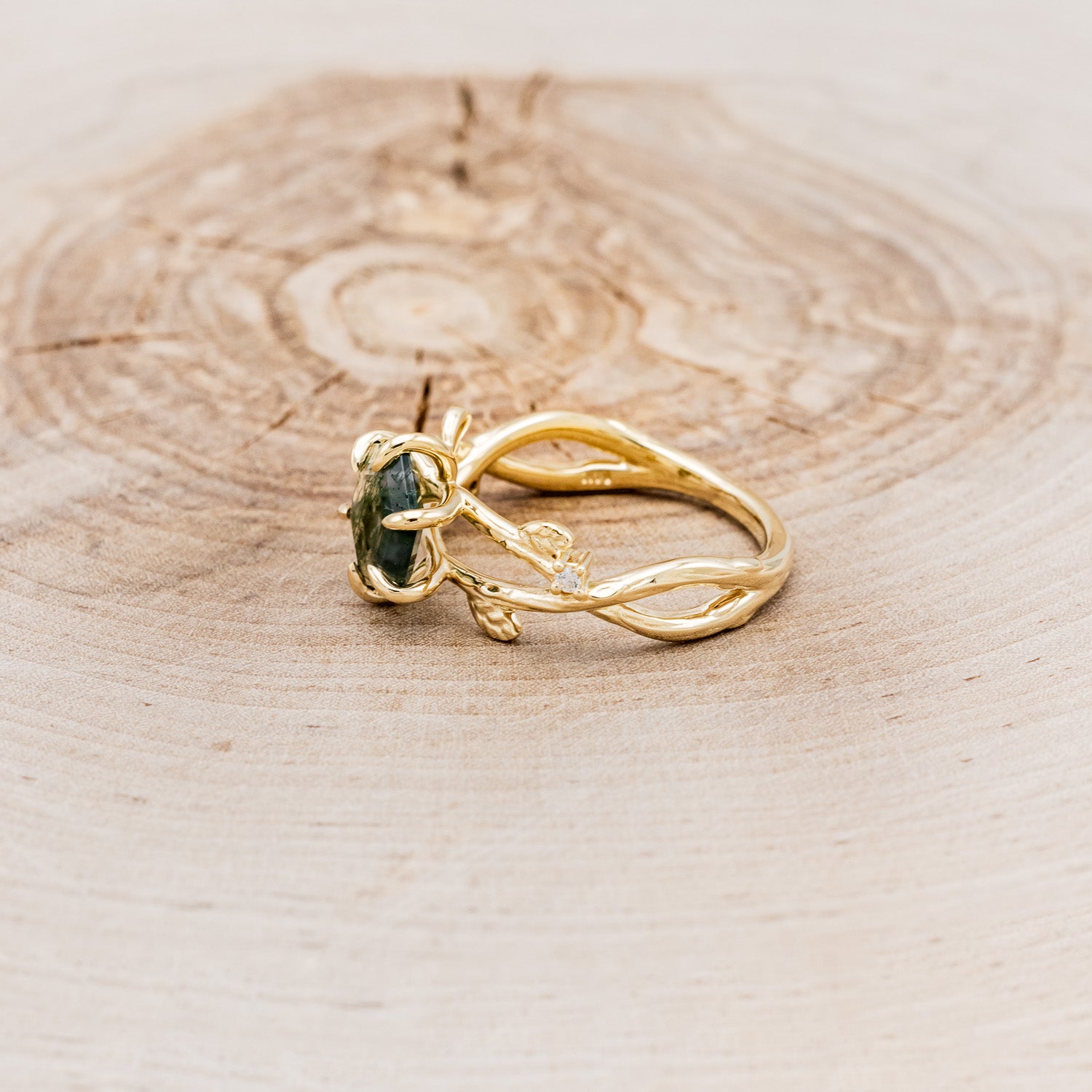 "ARTEMIS ON THE VINE" - HEXAGON MOSS AGATE ENGAGEMENT RING WITH DIAMOND ACCENTS & A BRANCH-STYLE BAND-3