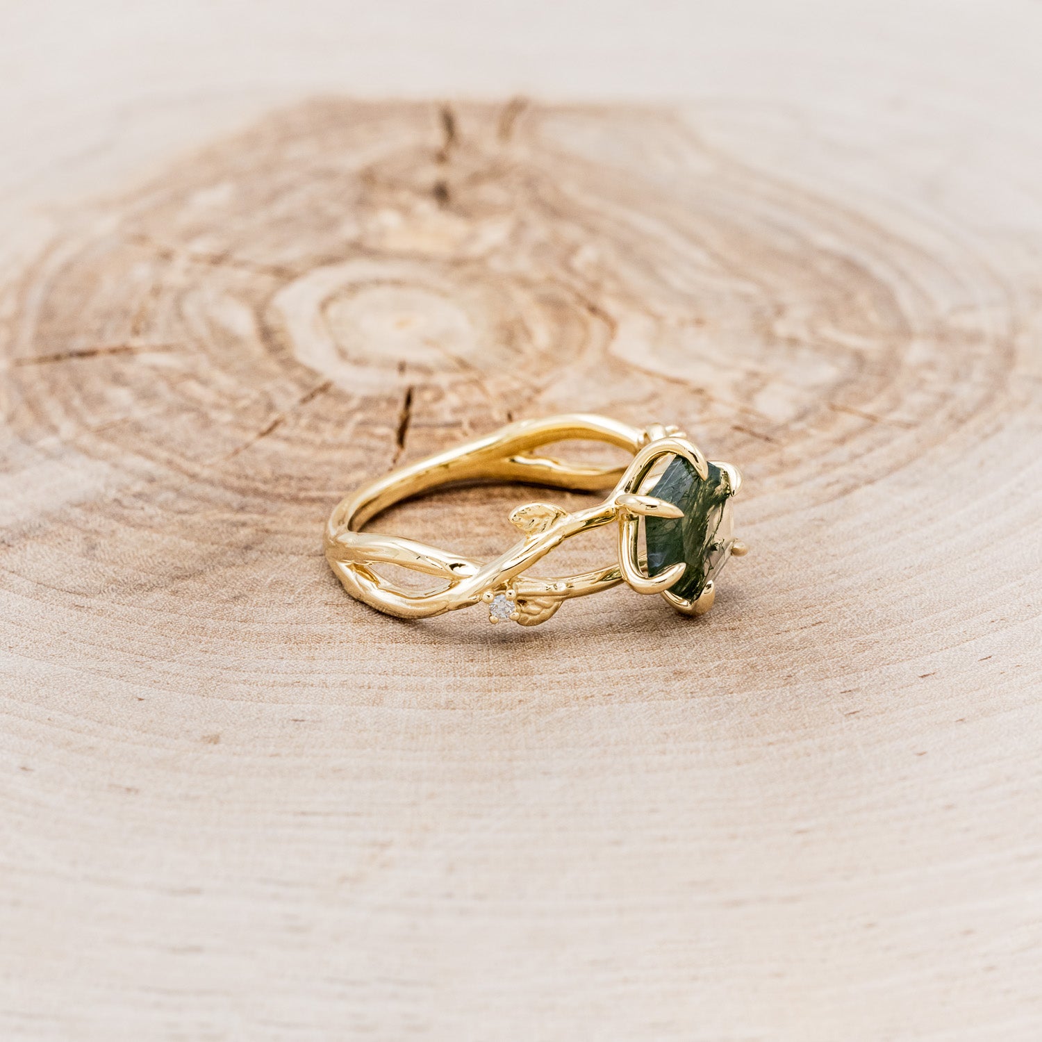 "ARTEMIS ON THE VINE" - HEXAGON MOSS AGATE ENGAGEMENT RING WITH DIAMOND ACCENTS & A BRANCH-STYLE BAND-2