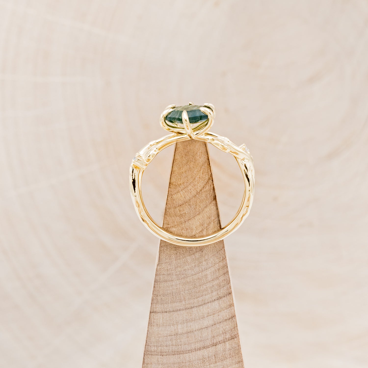 "ARTEMIS ON THE VINE" - HEXAGON MOSS AGATE ENGAGEMENT RING WITH DIAMOND ACCENTS & A BRANCH-STYLE BAND-6