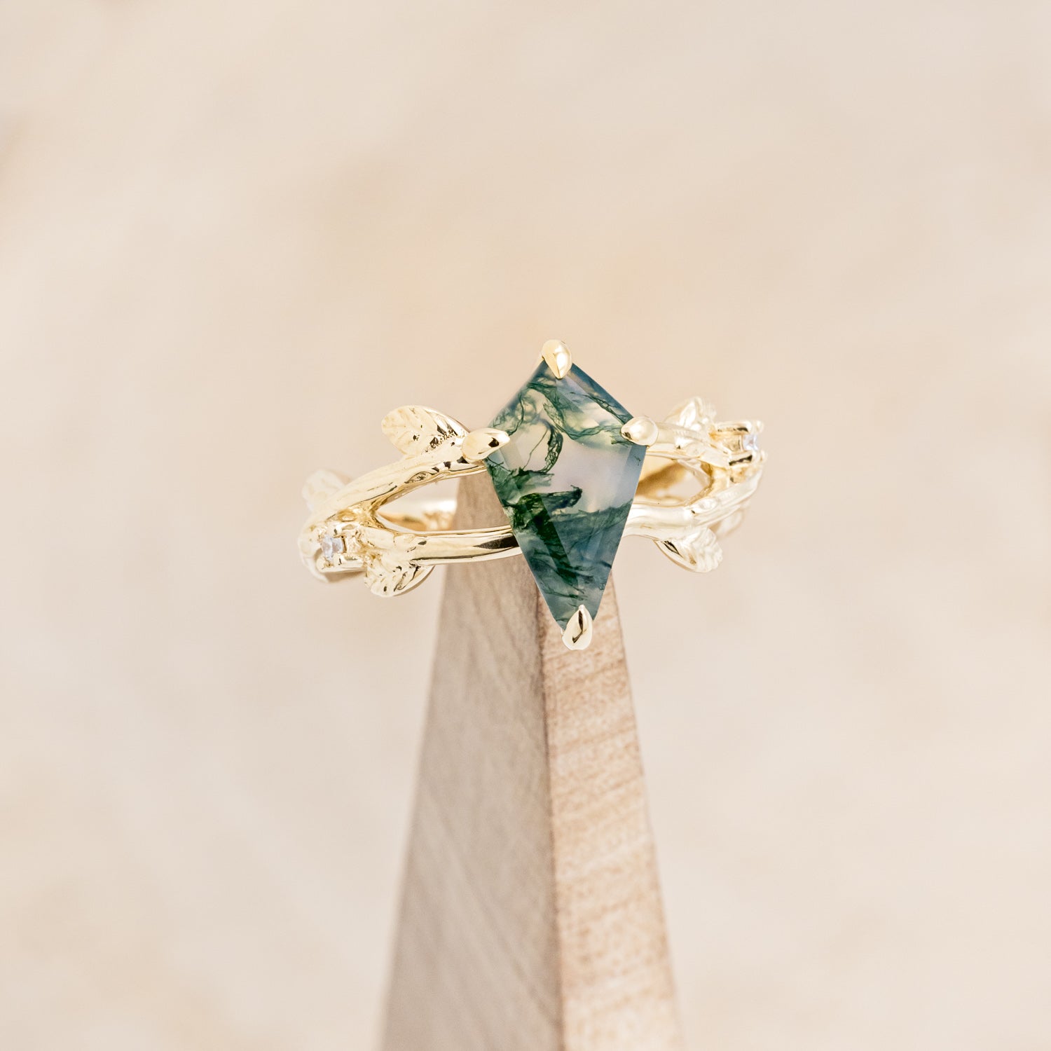 "ARTEMIS ON THE VINE" - KITE CUT MOSS AGATE ENGAGEMENT RING WITH DIAMOND ACCENTS & "BRIAR" BRANCH-STYLE TRACER-42