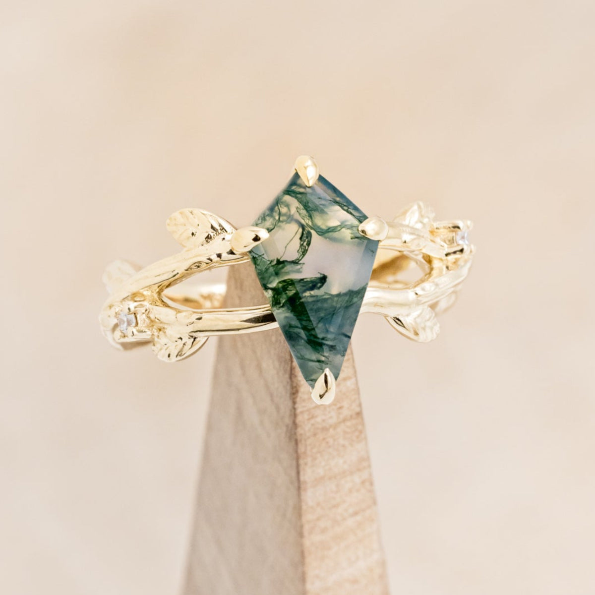 "ARTEMIS ON THE VINE" - KITE CUT MOSS AGATE ENGAGEMENT RING WITH DIAMOND ACCENTS & "BRIAR" BRANCH-STYLE TRACER-42
