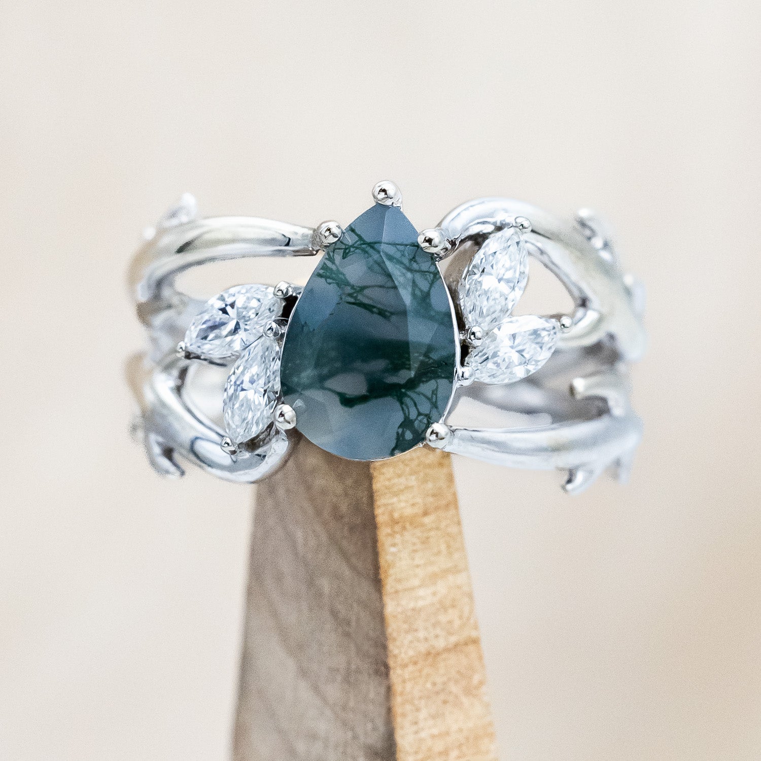 "ARTEMIS" - PEAR CUT MOSS AGATE ENGAGEMENT RING WITH MARQUISE DIAMOND ACCENTS-Staghead Designs
