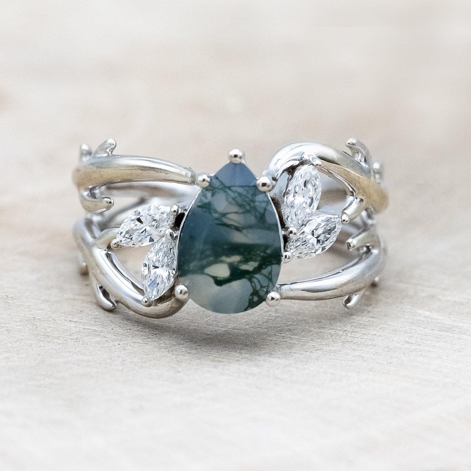 "ARTEMIS" - PEAR CUT MOSS AGATE ENGAGEMENT RING WITH MARQUISE DIAMOND ACCENTS-Staghead Designs