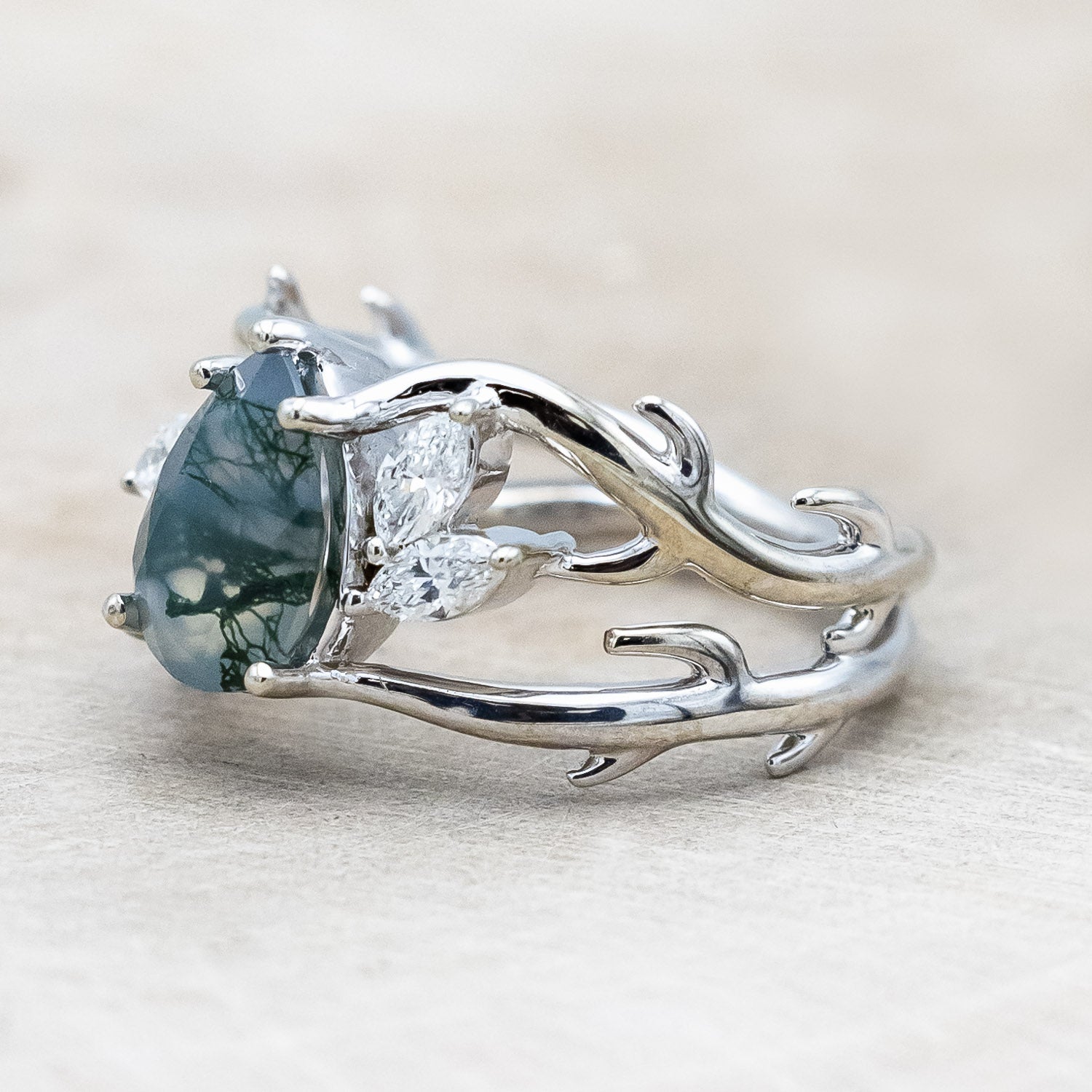 "ARTEMIS" - PEAR CUT MOSS AGATE ENGAGEMENT RING WITH MARQUISE DIAMOND ACCENTS-Staghead Designs