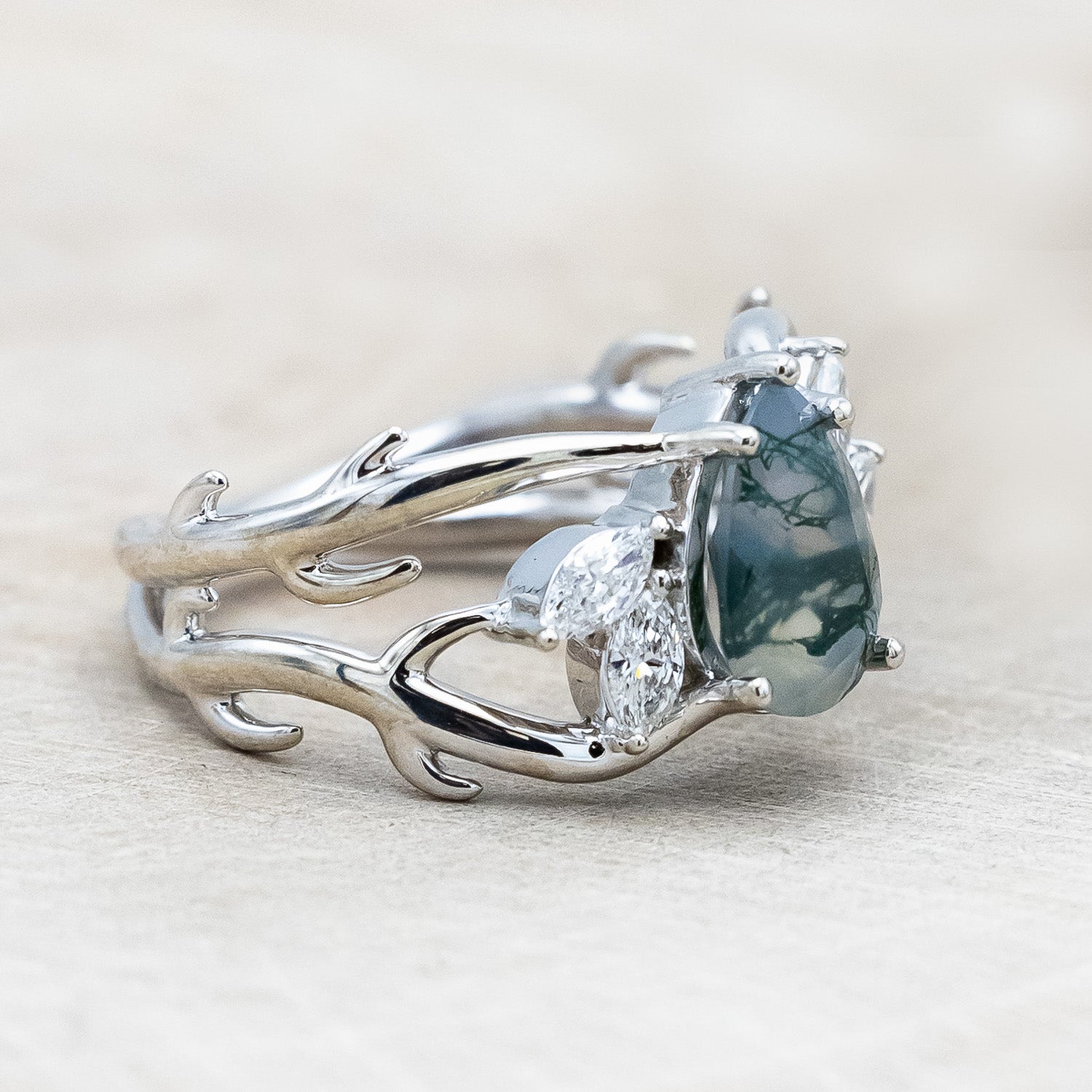 "ARTEMIS" - PEAR CUT MOSS AGATE ENGAGEMENT RING WITH MARQUISE DIAMOND ACCENTS-Staghead Designs