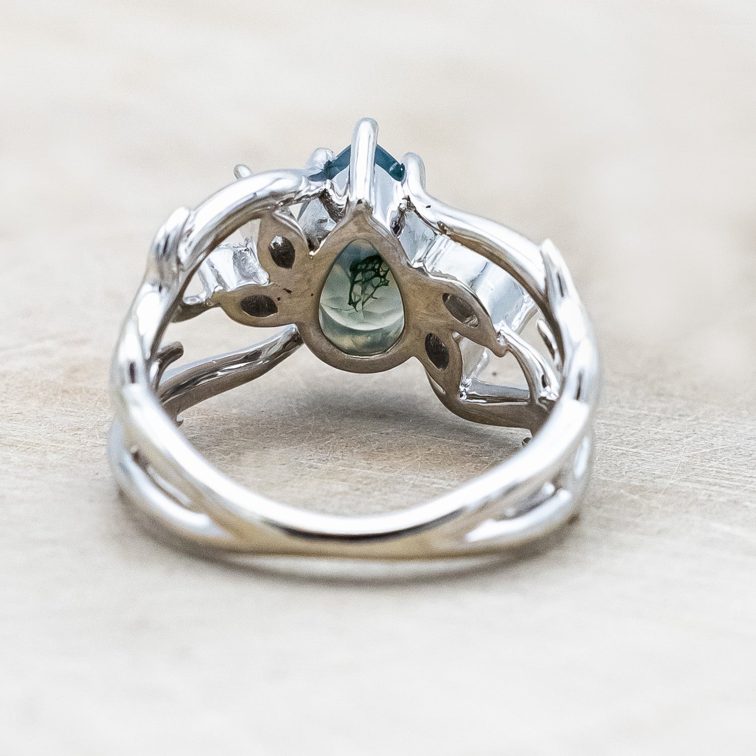 "ARTEMIS" - PEAR CUT MOSS AGATE ENGAGEMENT RING WITH MARQUISE DIAMOND ACCENTS-Staghead Designs