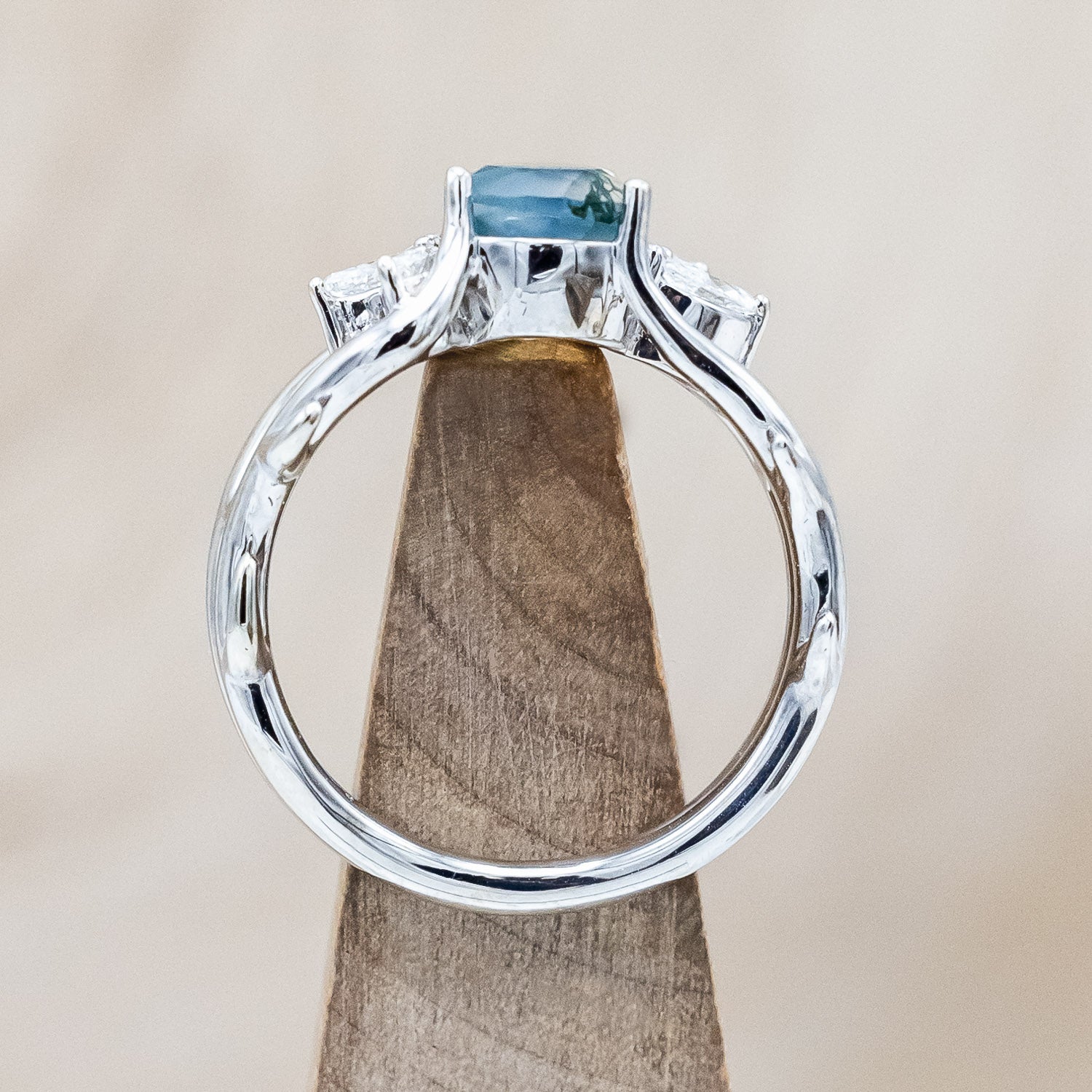 "ARTEMIS" - PEAR CUT MOSS AGATE ENGAGEMENT RING WITH MARQUISE DIAMOND ACCENTS-Staghead Designs