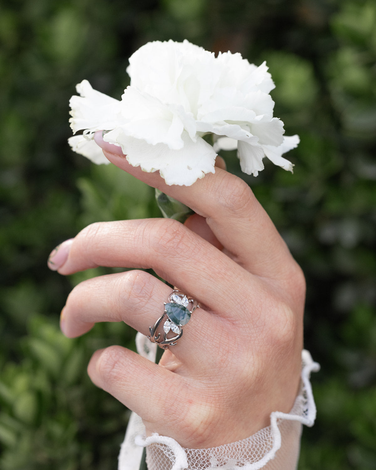 "ARTEMIS" - PEAR CUT MOSS AGATE ENGAGEMENT RING WITH MARQUISE DIAMOND ACCENTS-Staghead Designs