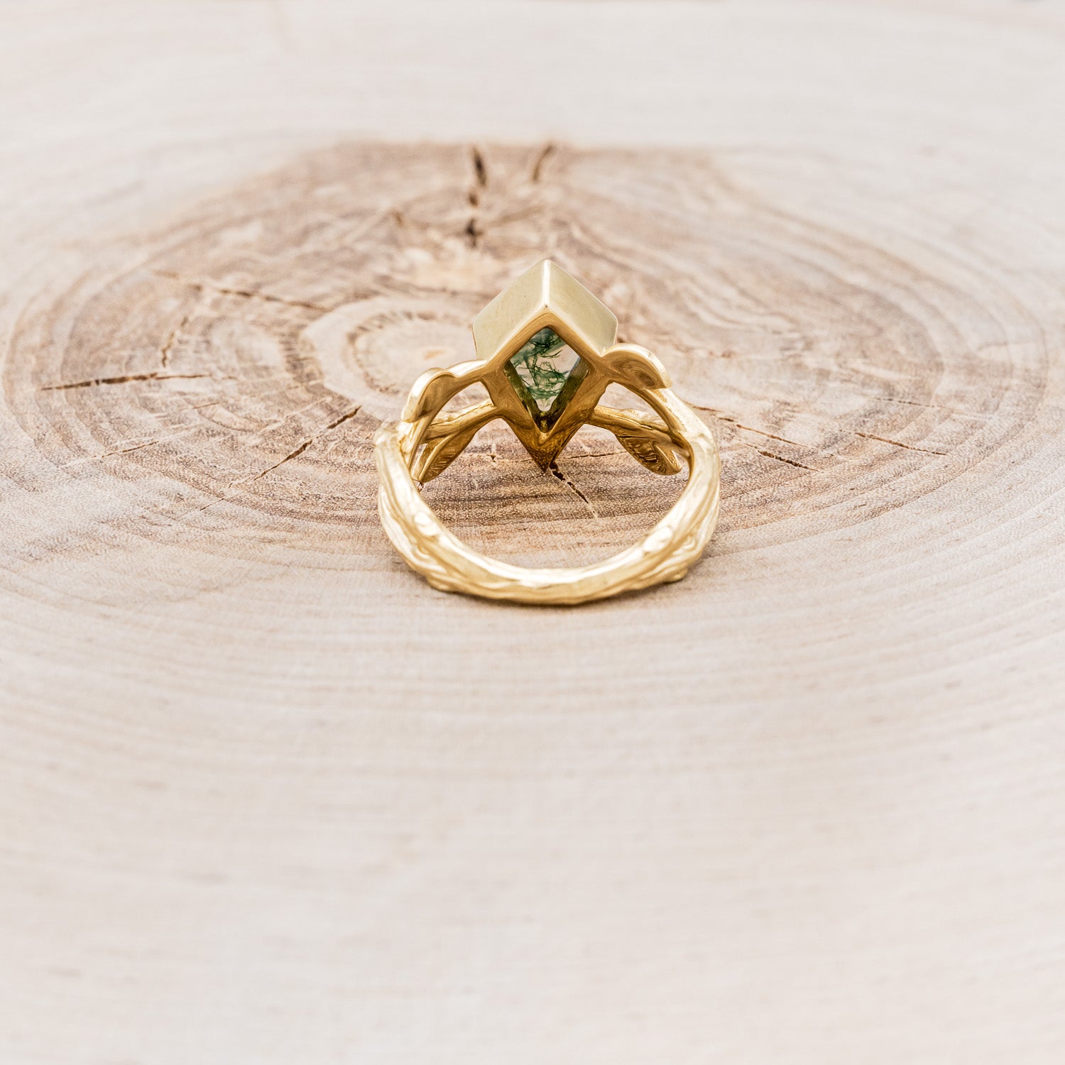 "ARTEMIS ON THE VINE" - BEZEL SET KITE CUT MOSS AGATE ENGAGEMENT RING-5