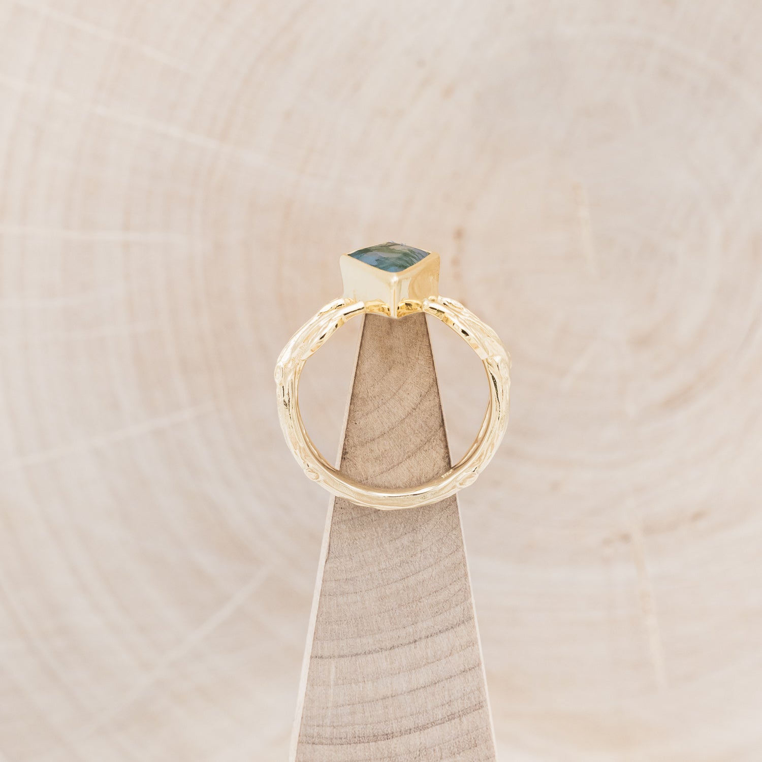 "ARTEMIS ON THE VINE" - BEZEL SET KITE CUT MOSS AGATE ENGAGEMENT RING-6