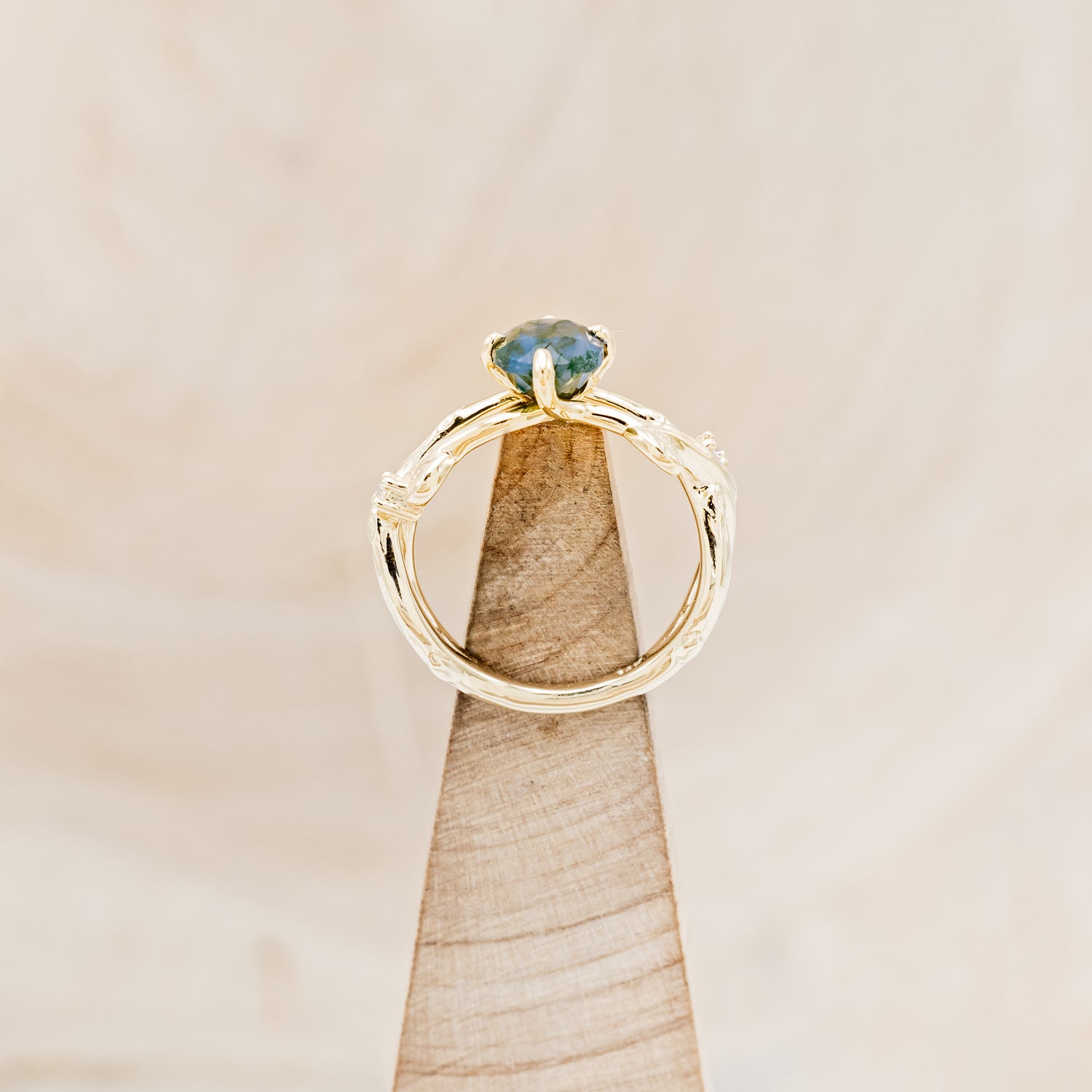 "ARTEMIS ON THE VINE" - OVAL CUT MOSS AGATE ENGAGEMENT RING WITH DIAMOND ACCENTS & A BRANCH-STYLE BAND-6