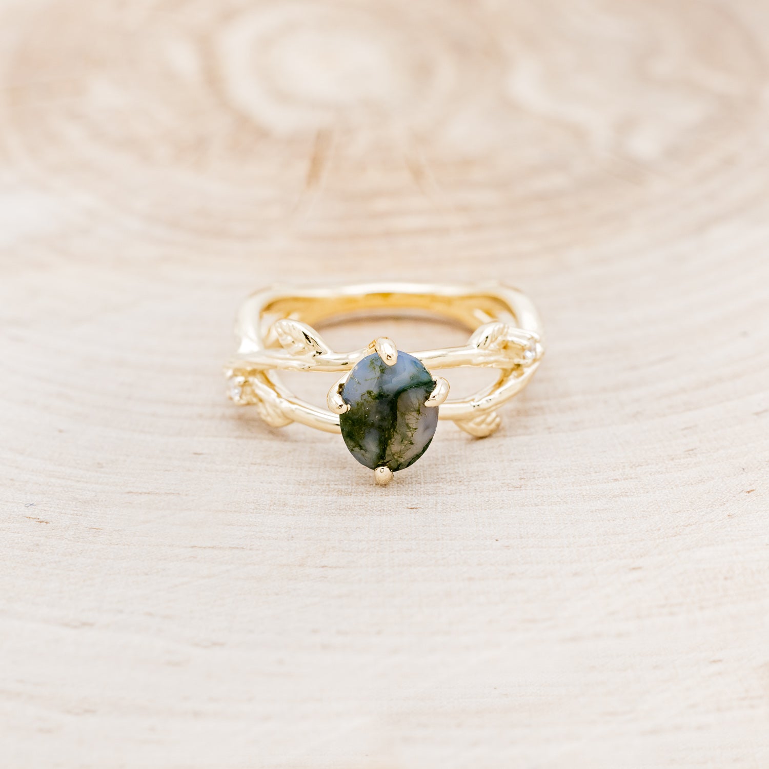 "ARTEMIS ON THE VINE" - OVAL CUT MOSS AGATE ENGAGEMENT RING WITH DIAMOND ACCENTS & A BRANCH-STYLE BAND-4