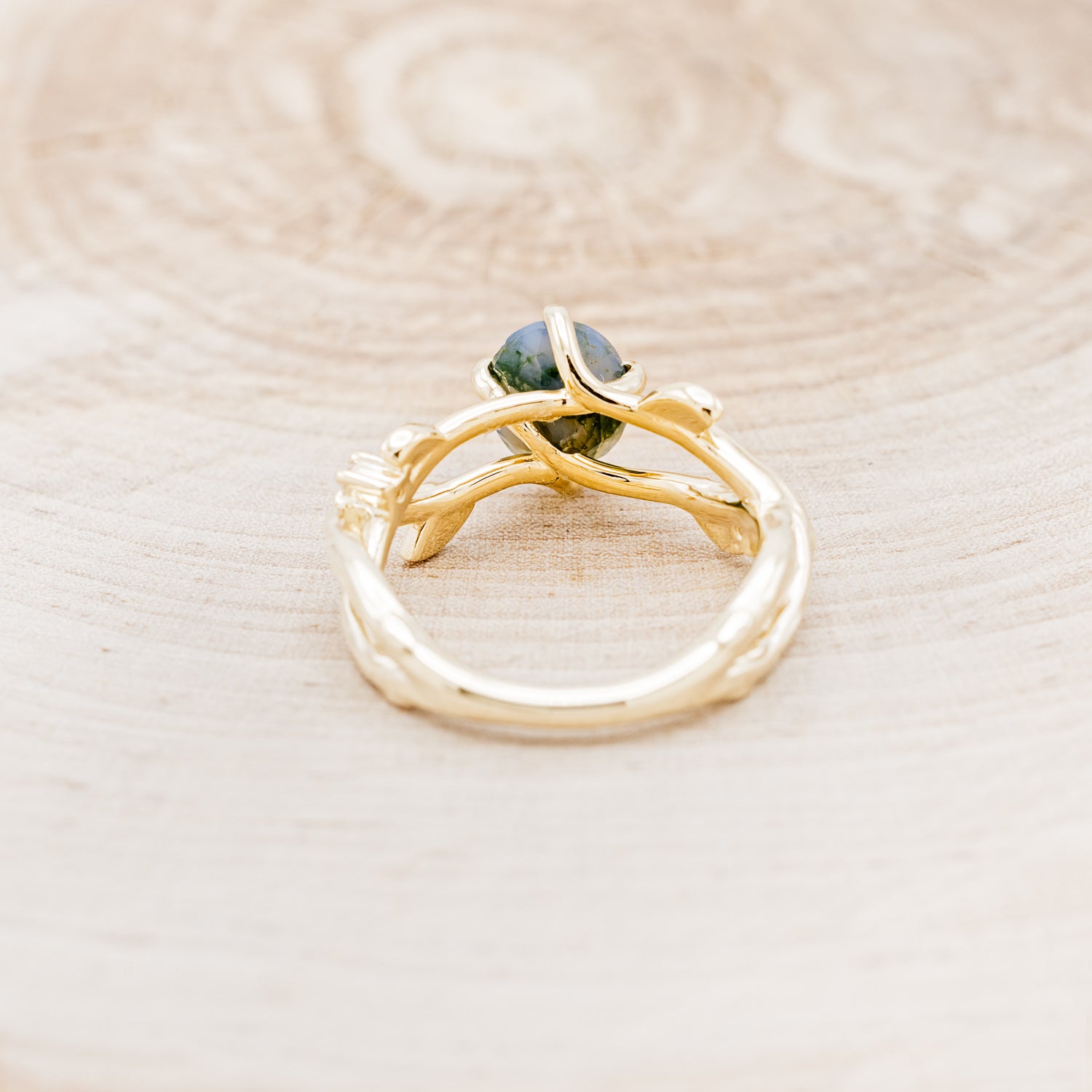 "ARTEMIS ON THE VINE" - OVAL CUT MOSS AGATE ENGAGEMENT RING WITH DIAMOND ACCENTS & A BRANCH-STYLE BAND-5
