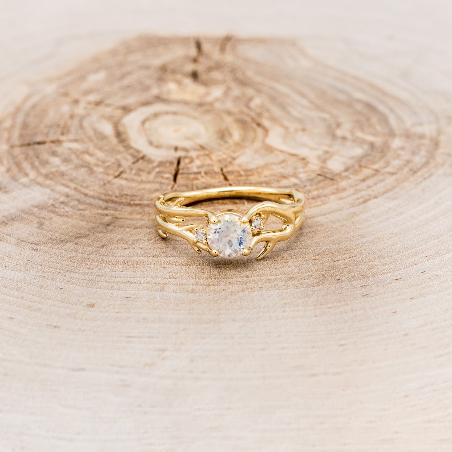 "ARTEMIS" - ROUND CUT MOONSTONE ENGAGEMENT RING WITH ANTLER-STYLE BAND & DIAMOND ACCENTS-10
